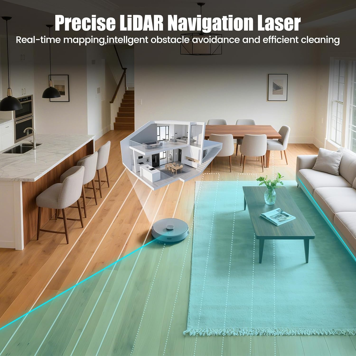 AIRROBO T25+ robot vacuum using LiDAR navigation to map and clean a living room and kitchen area.