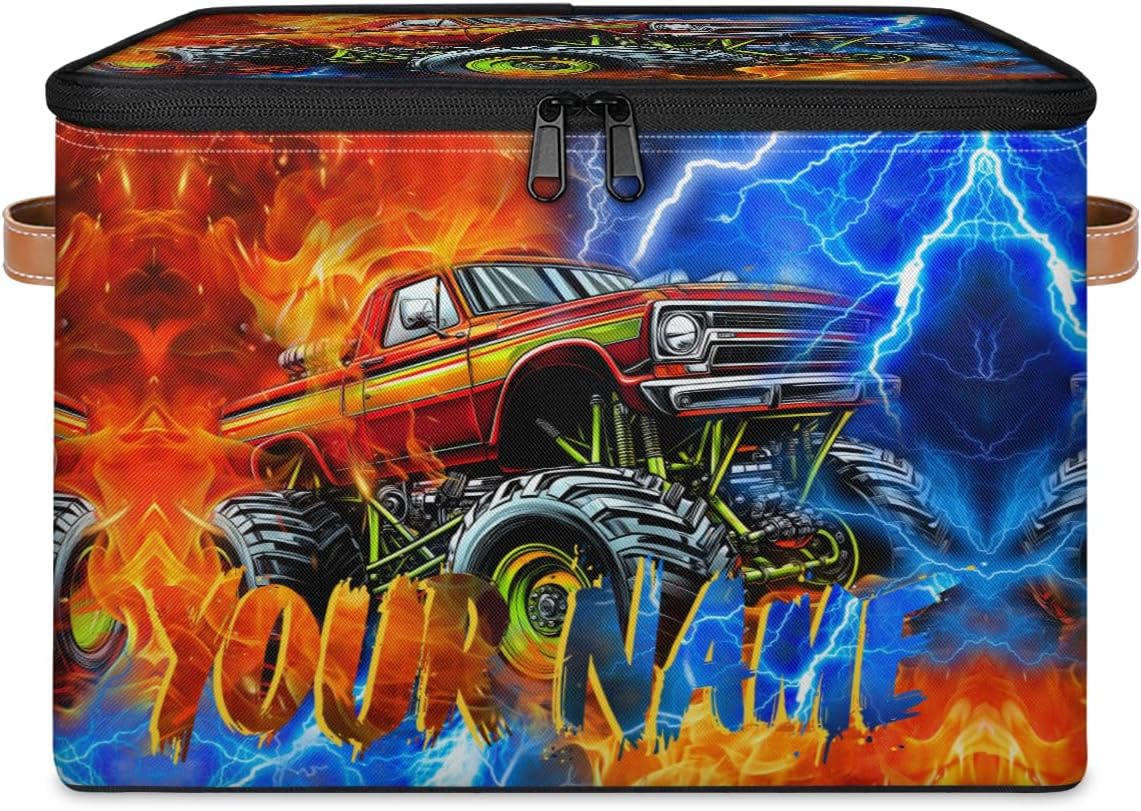 Custom Truck Car Storage Bins for Kids Boys Girls - Personalized Storage Box with Zipper Lids Foldable Organizer Basket Keepsake Box with PU Leather Handles for Home, Closet, Decorative Red