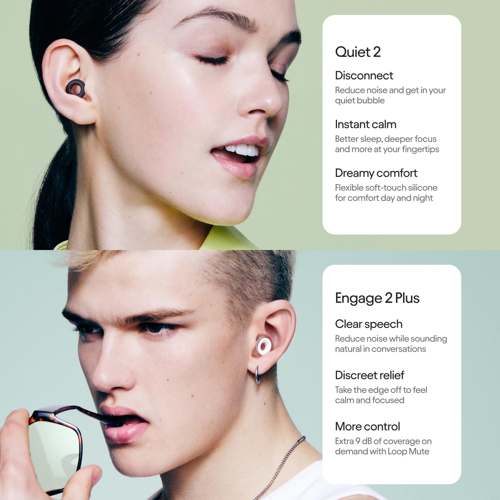 Loop Earplugs, coffret Au Quotidien Plus (lot de deux) – Quiet 2 + Engage 2 Plus | Bouchons d’oreille réutilisables pour le sommeil, la concentration, la sensibilité au bruit