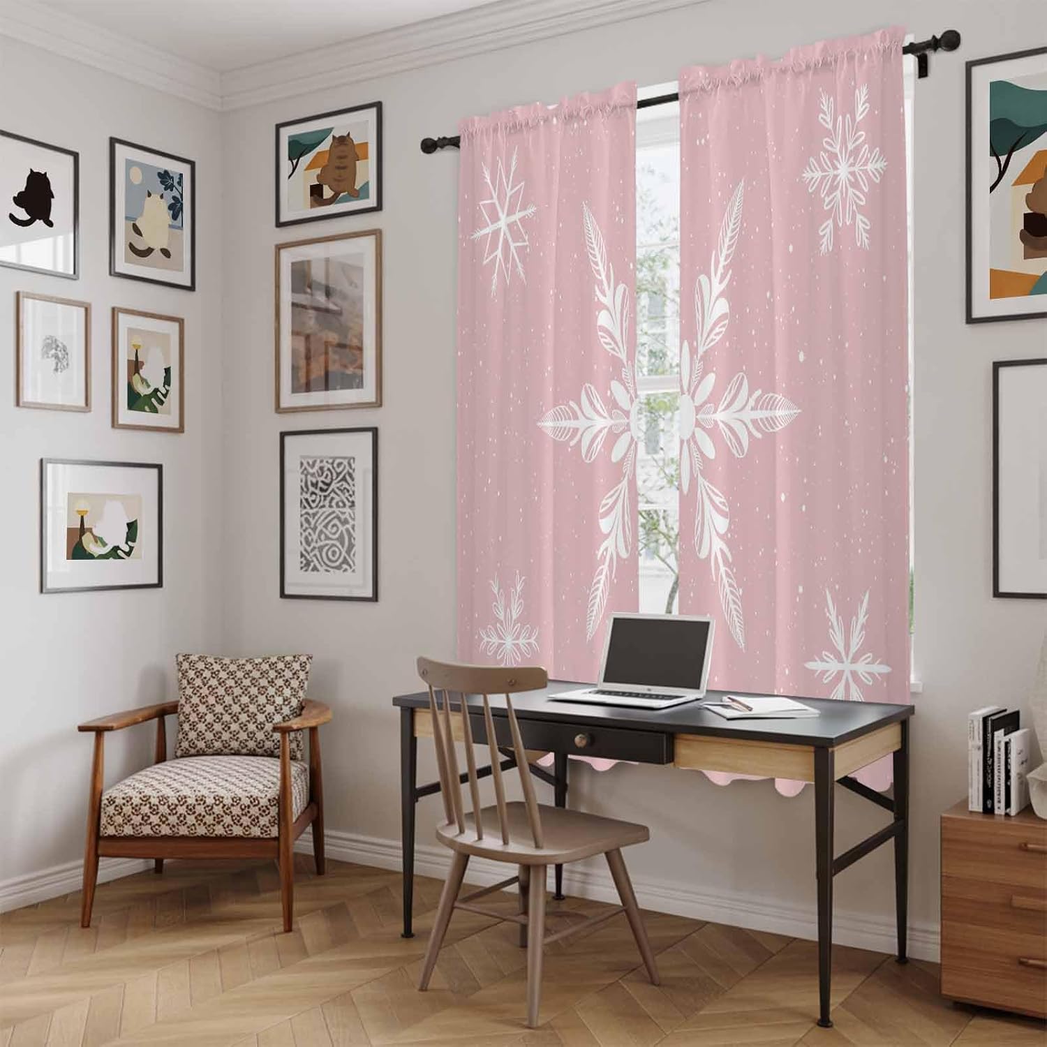 Pink Christmas Window Curtains 72 Inch Long 2 Panel Set, Rod Pocket Long Curtains & Drapes, Xmas Snowflake Winter Light Filtering Window Treatment for Bedroom Living Room 52" W x 72" L