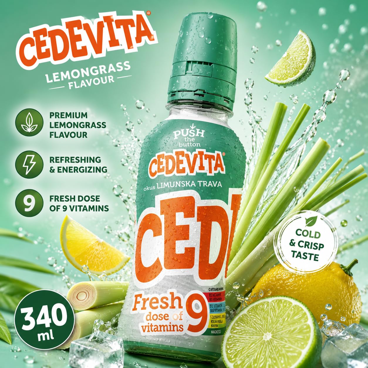 CEDEVITA Vitamingetränk mit Zitronengrasgeschmack, 340 ml Dosen, 12 Stück