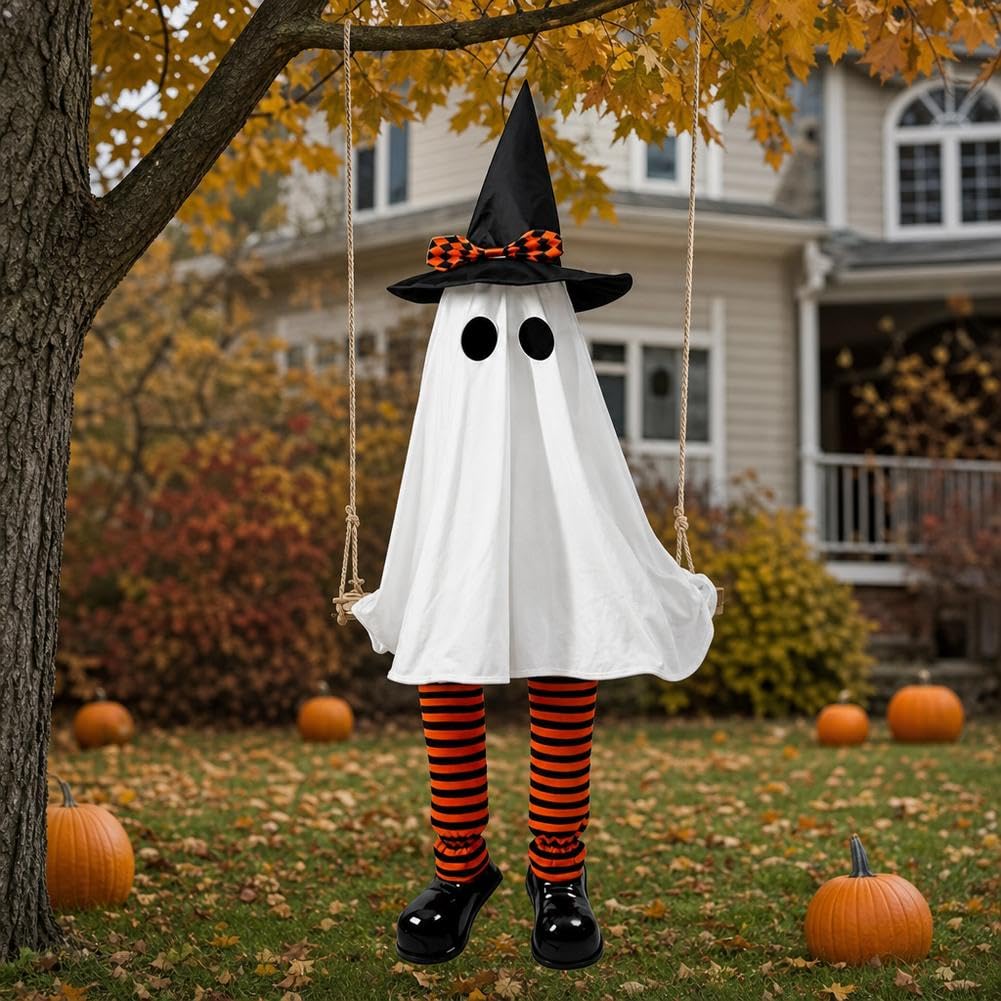 Dekoracje na Halloween na zewnątrz – 15 m wiszący duch dekoracja | podświetlane upiorne duchy na werandę, podwórko, trawnik, dekoracja na zewnątrz, dekoracja halloweenowa dla świątecznej atmosfery