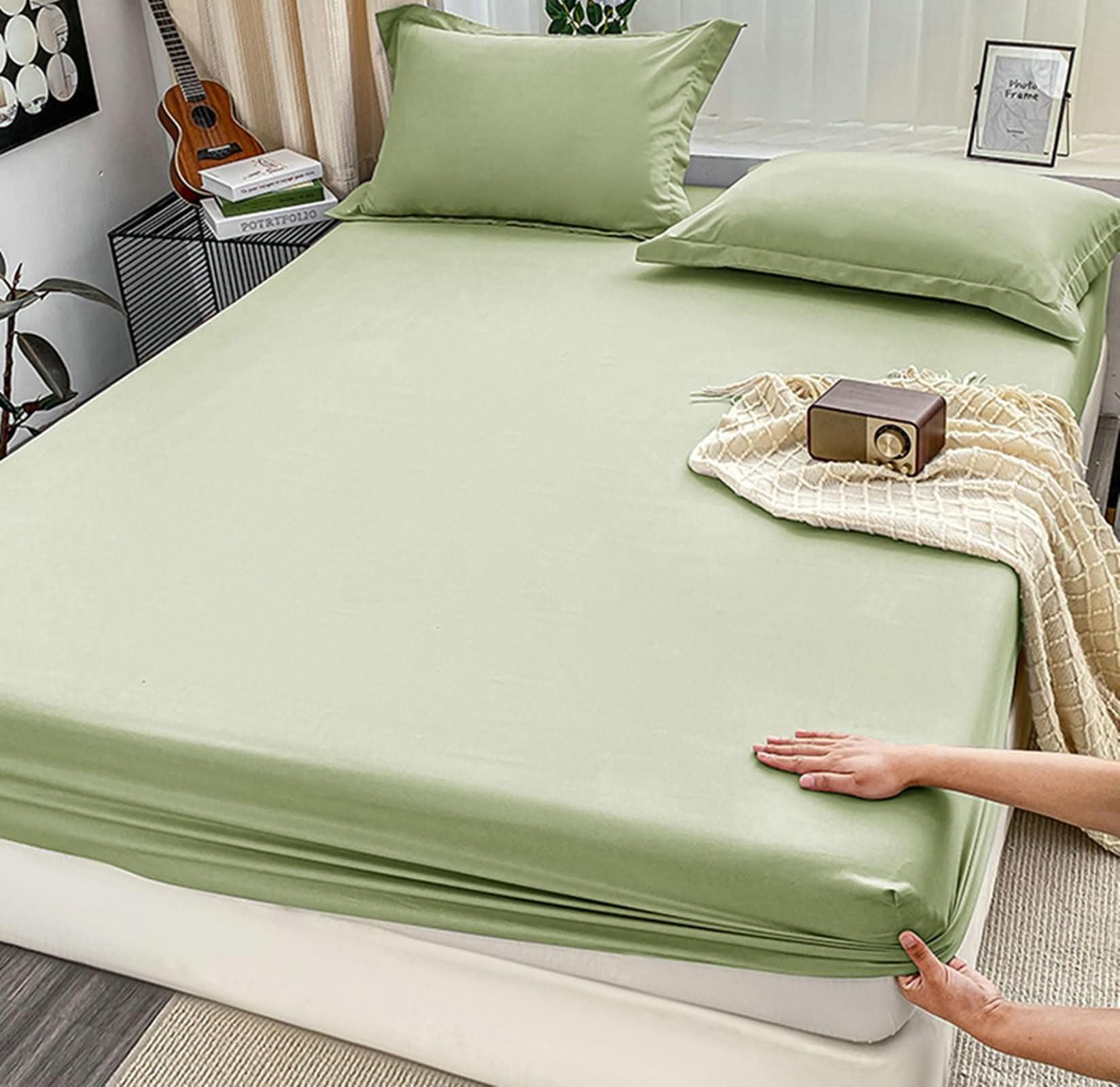 Drap Housse en Polyester Lit Double avec Elastique, Couleur Unie, 180 x 200 x 20 CM, Vert