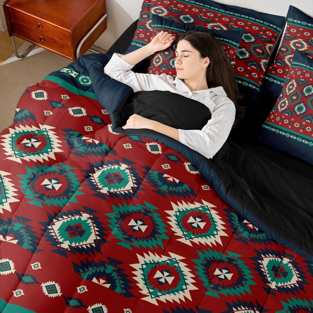 Feelyou Southwestern Aztec Comforter Set with Sheets 7 Piece Queen Size Native American Tribal Bedding Set for Kids Boys Girls Red Green Western Decor Bed in a Bag Room Decor Soft Microfiber