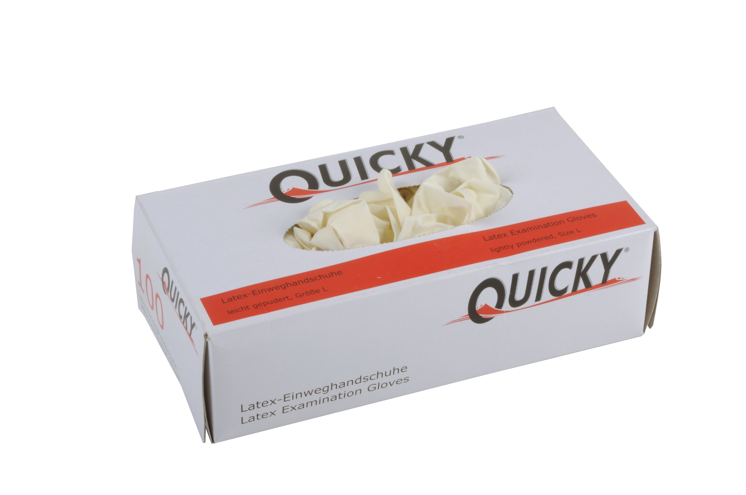 Quicky AQL 1.5 Lot de 10 boîtes de 100 gants jetables en latex Légèrement poudrés Blanc Taille L