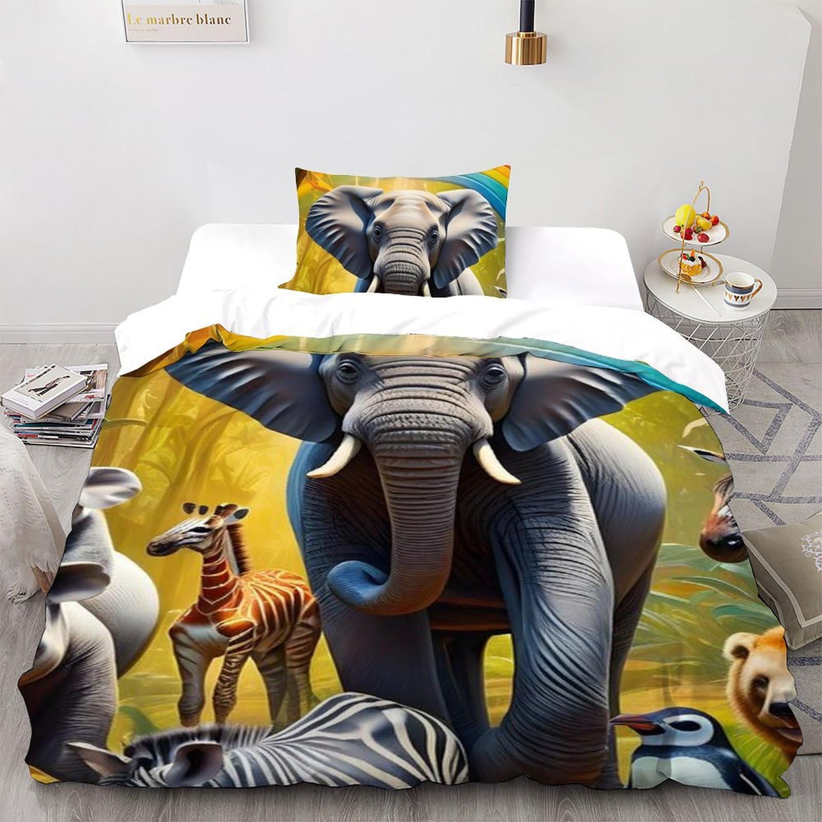 Housse de couette single microfibre animaux 135x200cm parure lit enfant taie d'oreiller imprimé 3D