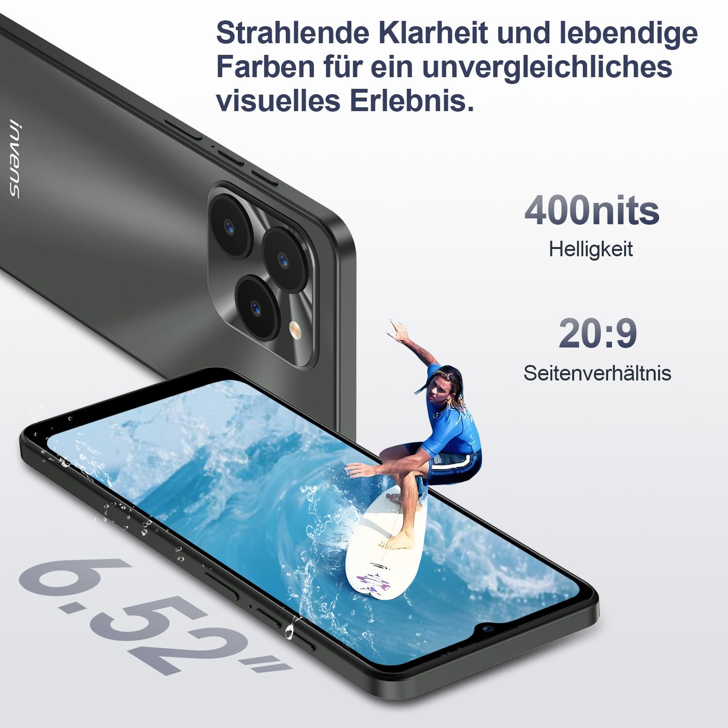 invens Halo 5 Smartphone Ohne Vertrag - 7GB(4+3)+64GB /256GB Android 14 Handys, 6,52 Zoll Bildschirm 5000mAh Handy Günstig, 16MP+8MP Kamera, 4G Dual SIM/Face ID/GPS/3.5mm Jack, Dunkelblau