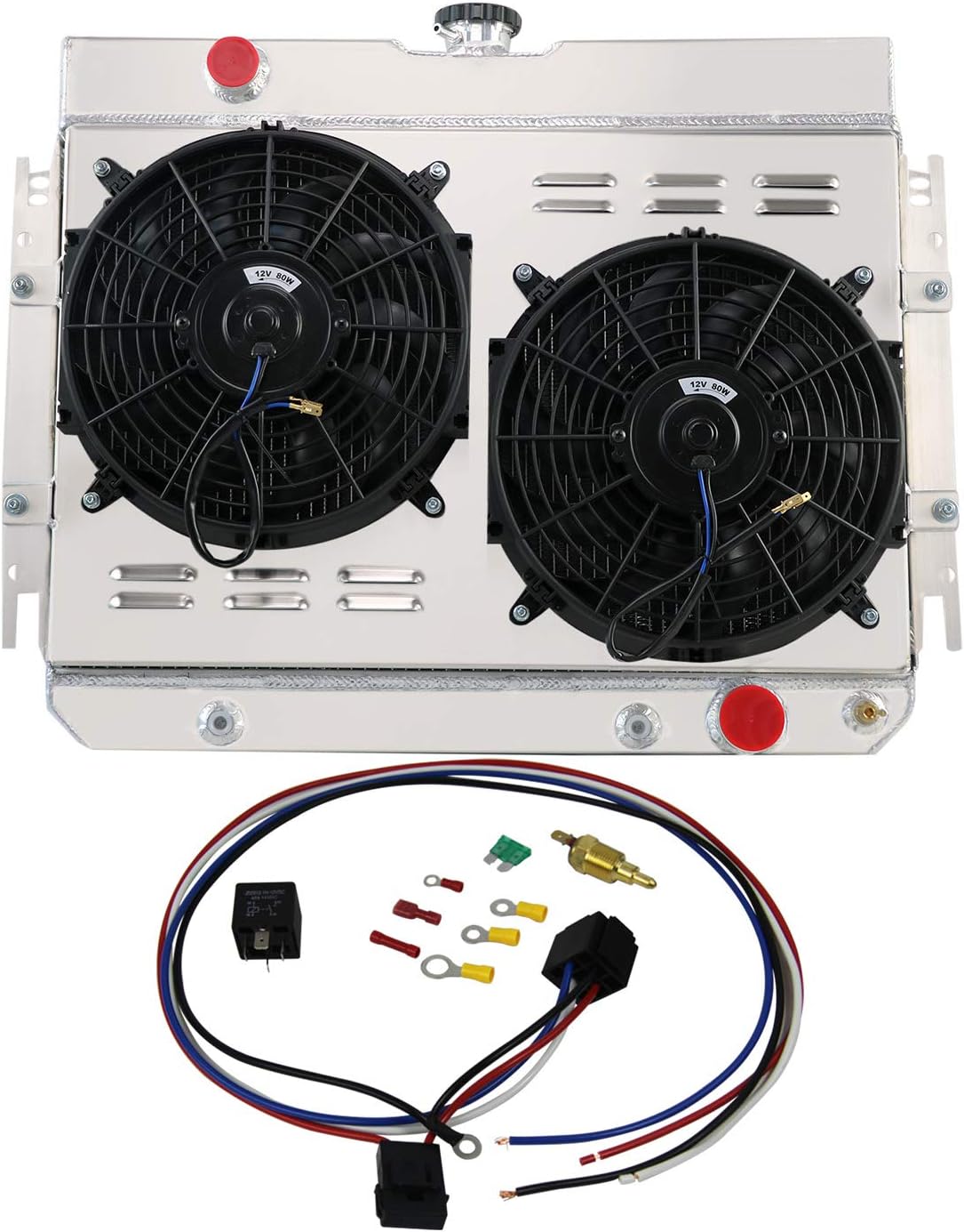 ALLOYWORKS 4 Row All Aluminum Radiator+Shroud Fan+Relay For 1963-1968 Chevy Chevrolet Bel Air/Biscayne/Caprice/Impala/Chevelle/El Camino 3.8 4.1 4.6L 5.3L 6.5L L6 V8