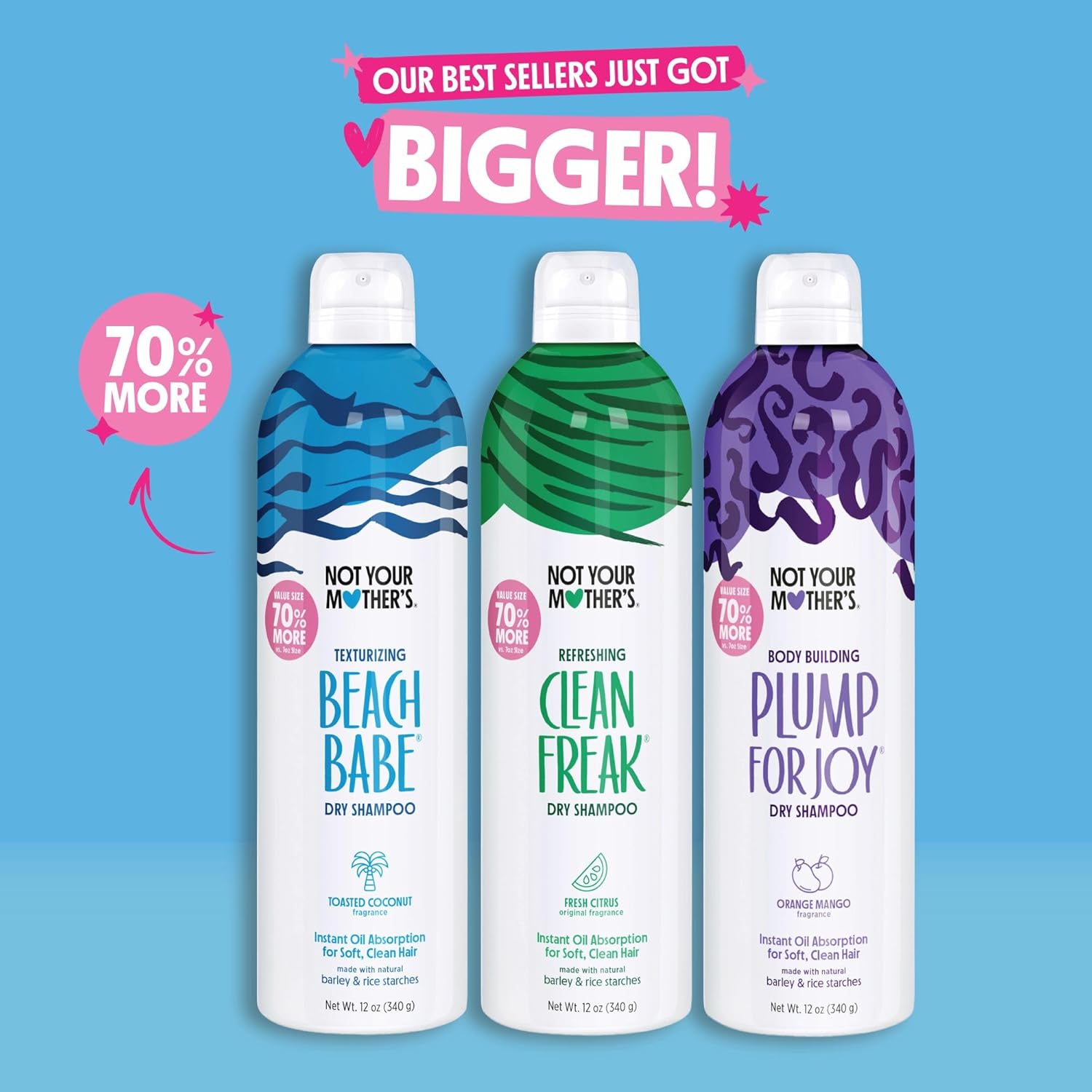 Not Your Mother's Dry Shampoo Trio - Clean Freak Original, Beach Babe, Plump for Joy - 3 Pack, 12 oz Each - 70% More to Instantly Absorb Oil and Refresh Hair Between Washes
