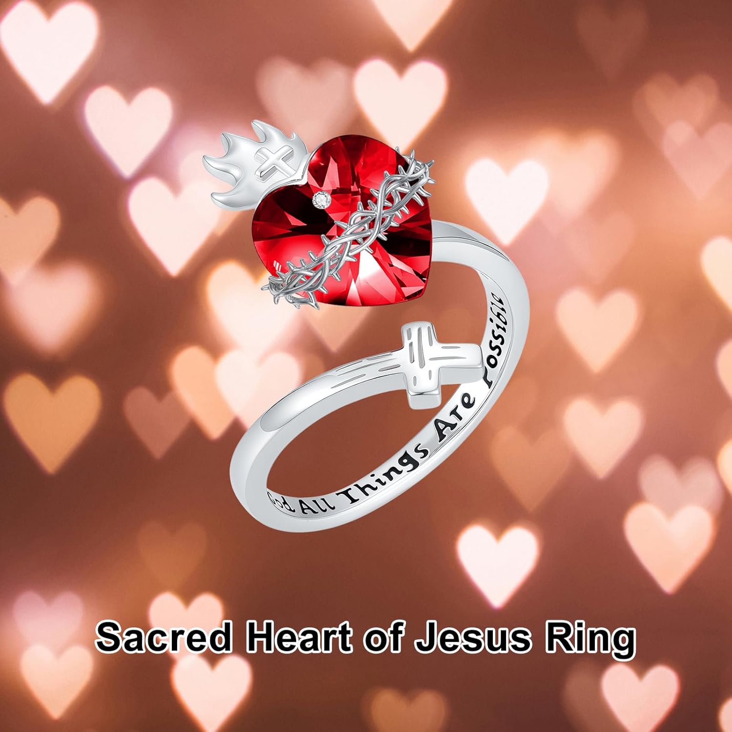 Sacred Heart of Jesus Ring 925 Sterling Silver Adjustable Cross Rings Amulet Jewelry Christian Gifts for Women