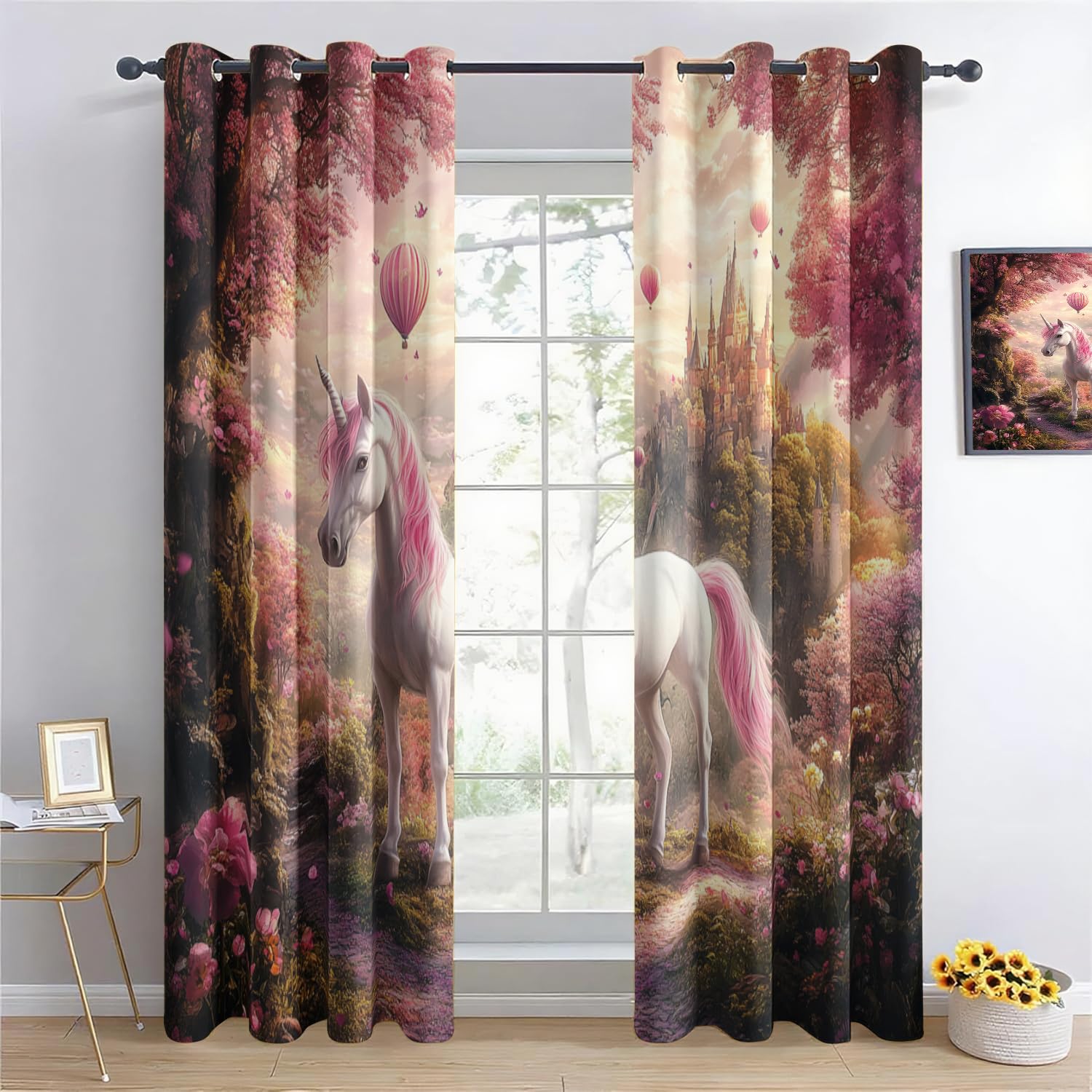 Générique Licorne, Château 3D Imprimé Oeillets Opaque Thermiques Rideau Fenetre Anti Bruit Décoration 220X215Cm pour Salon Cuisine Bébé Rideau Occultant 2 Pièces pour Chambre d'enfant