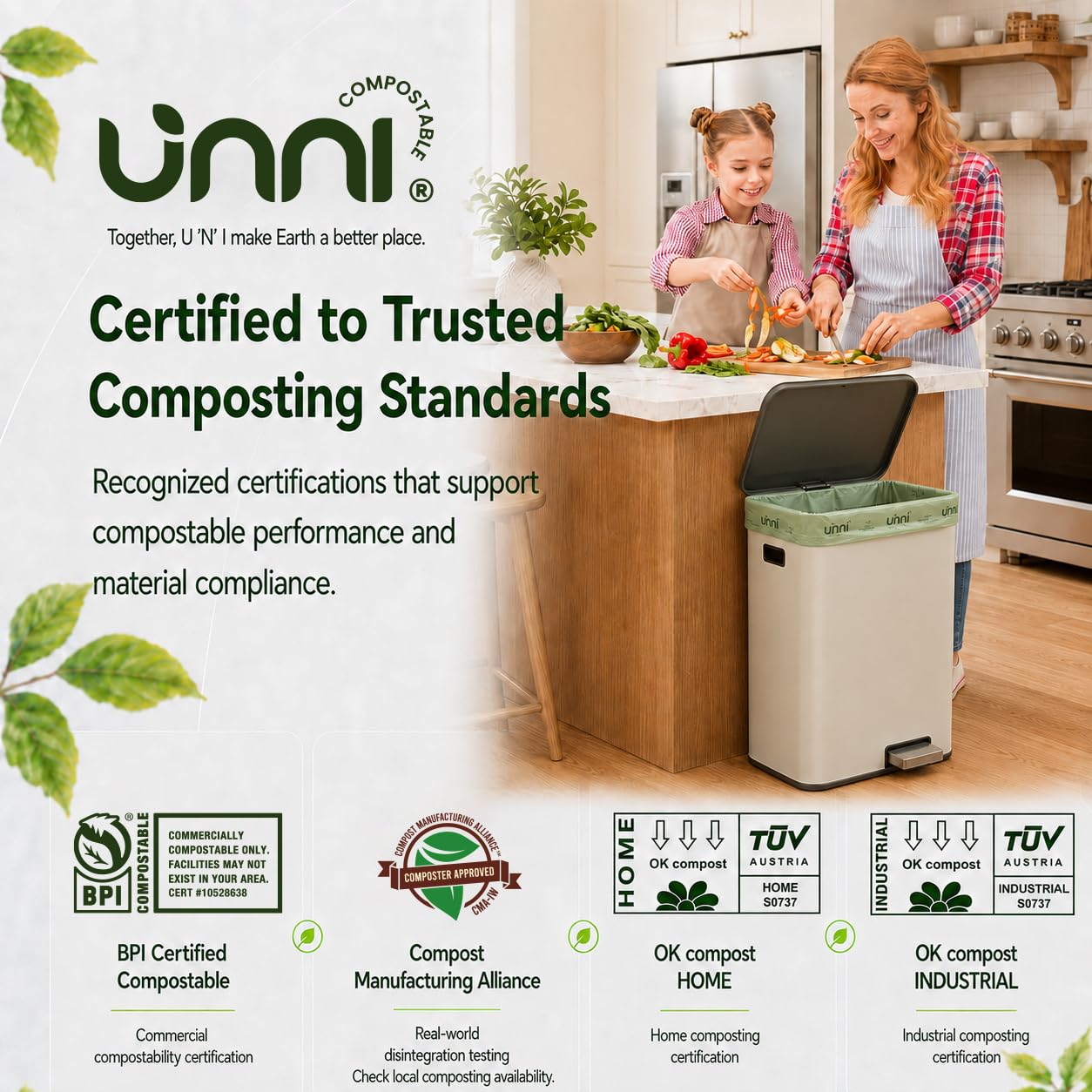 UNNI Bolsas compostables, 20-23 galones, 87 litros, 60 unidades, extragruesas de 1 mil, bolsa de basura para residuos de alimentos, ASTM D6400, US BPI, CMA y Europa OK Compost Home, certificado San