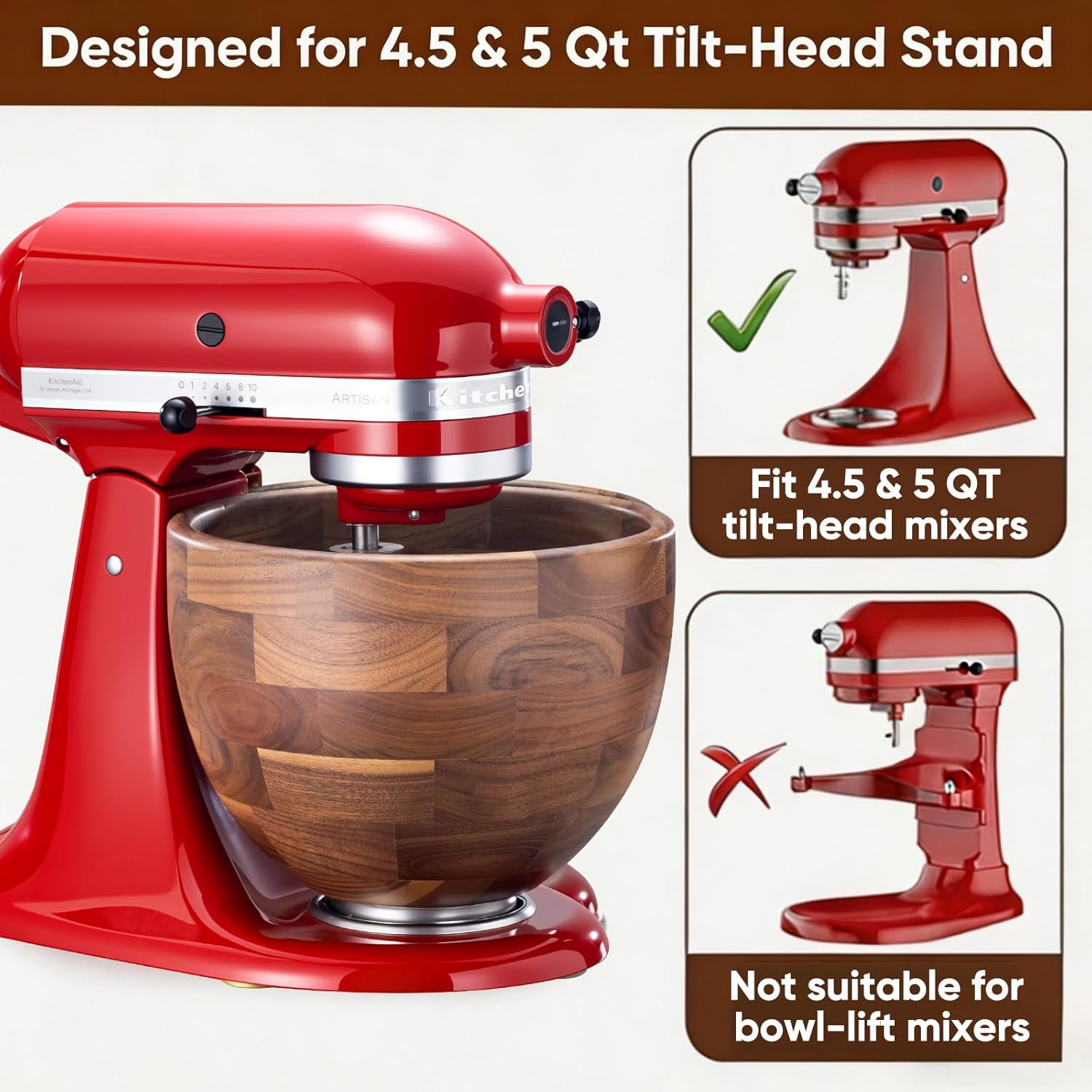 North American Solid Walnut Wood Mixing Bowl for KitchenAid Mixer - Handcrafted Wooden Bowl Compatible with KitchenAid 4.5 & 5 Quart Tilt-Head Stand Mixers
