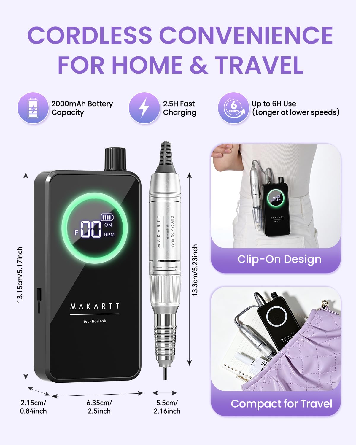 Makartt Fresa de uñas recargable 35000 rpm para acrílico y gel