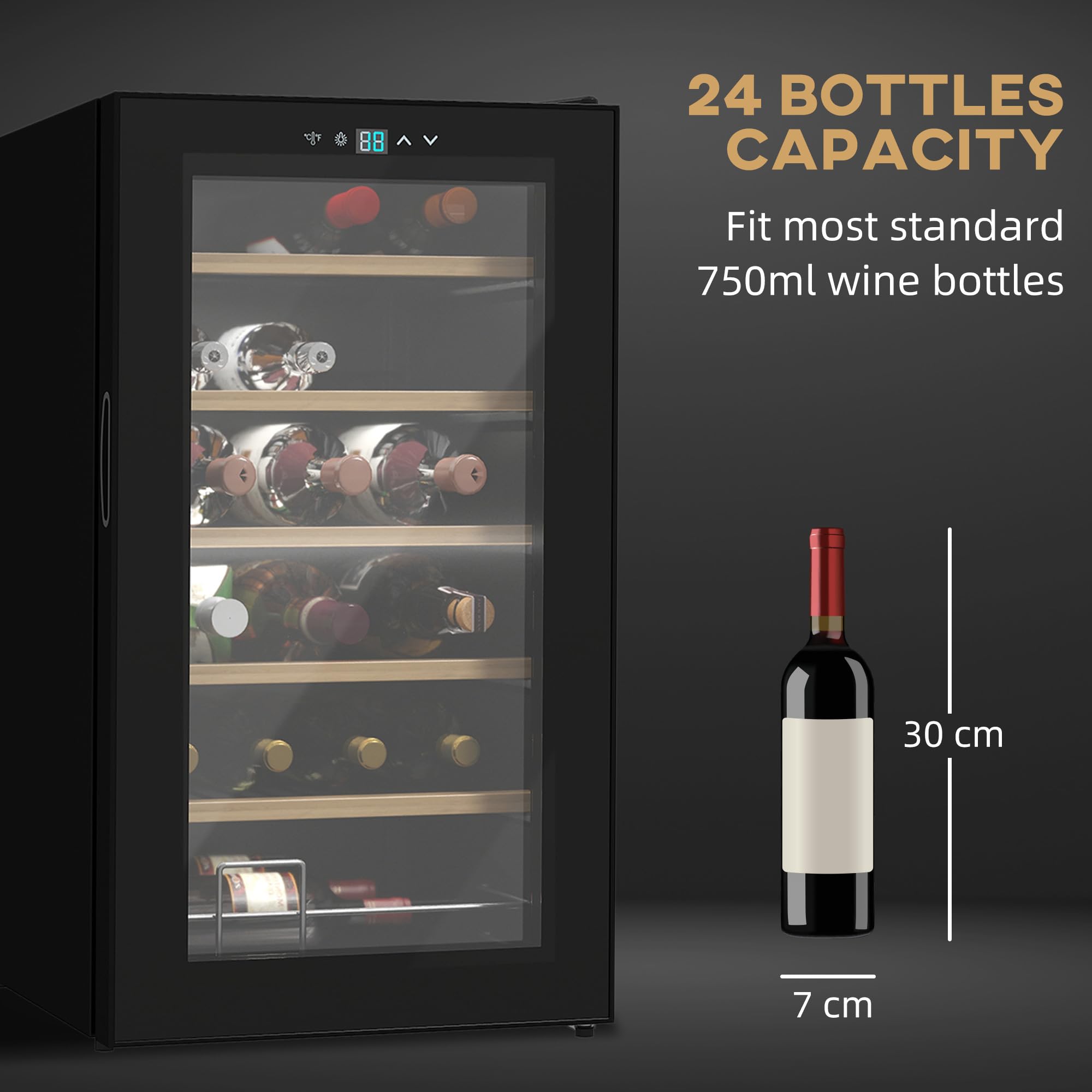 HOMCOM 24 Bottle Wine Fridge, 65 Litre Capacity, 43cm Freestanding Wine Cooler Fridge with Glass Door, LED Light, Digital Touch Screen, Temperature Control, Black — view 6
