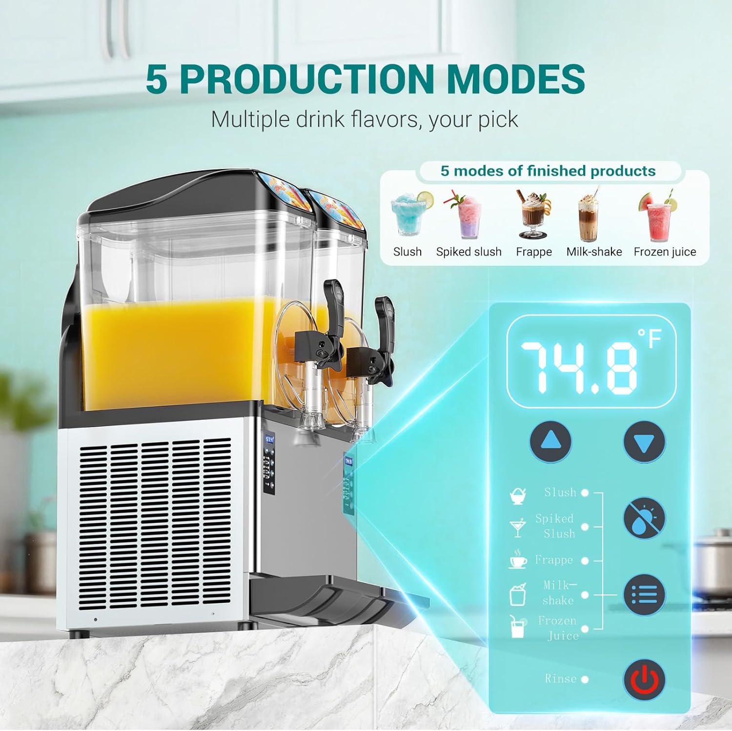 Control panel of the Mirfee Slushy Machine showing 5 production modes and temperature display