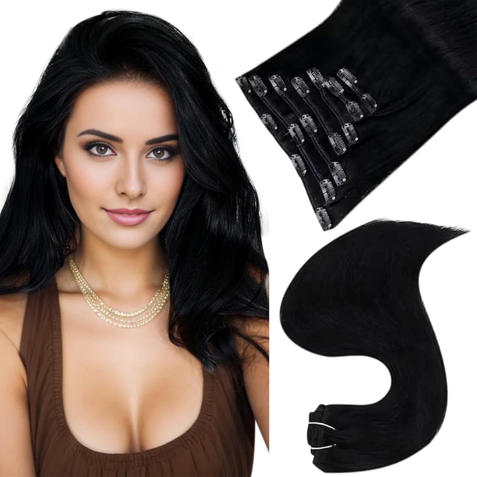 Easyouth Black Clip in Human Hair Extensions Jet Black Double Weft Clip-in Extensions Silky Straight Real Hair Extensions Clip ins for Party 20 Inch 120g 7Pcs #1