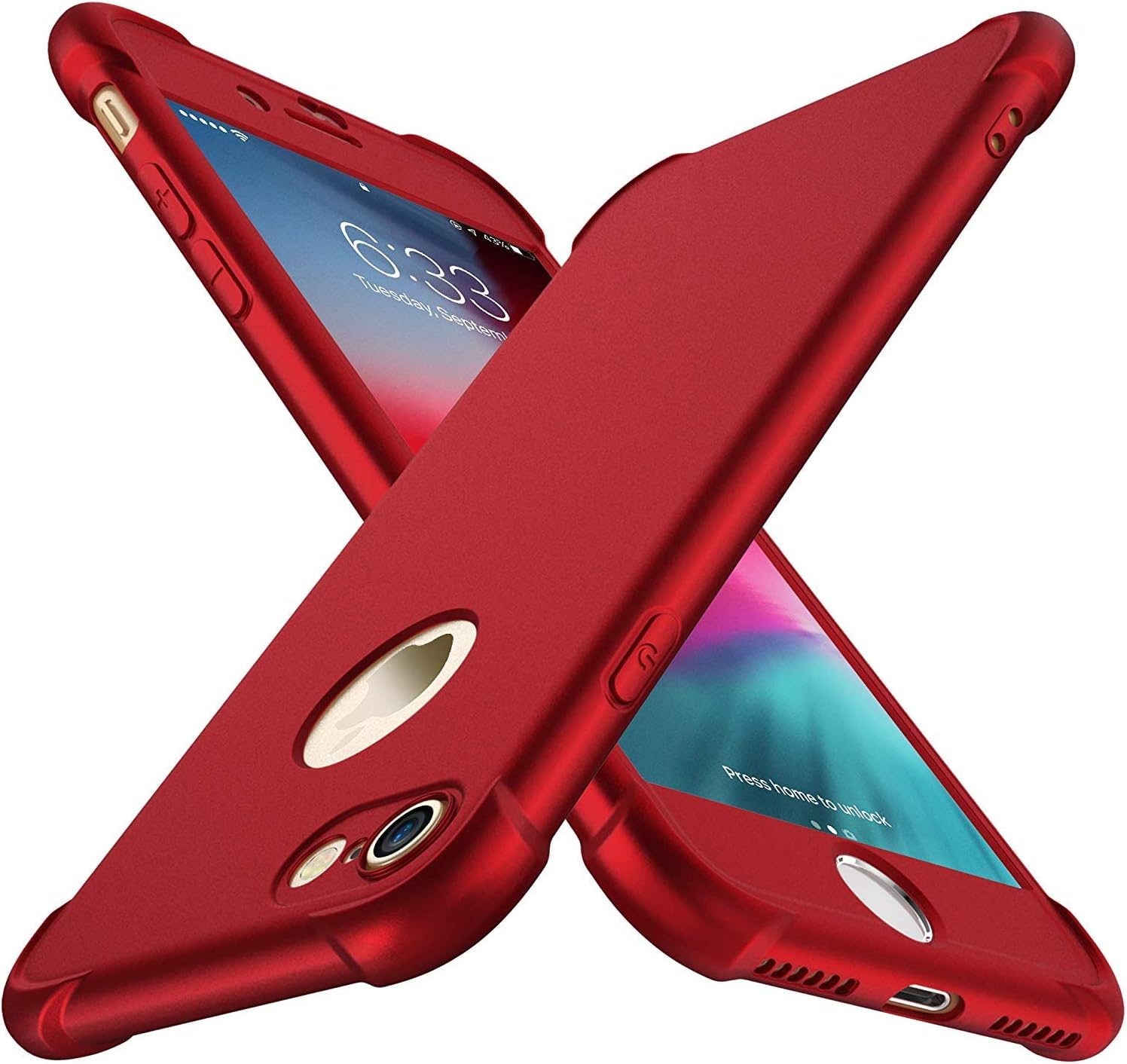 ORETECH Compatible with iPhone 7/8 Case, with 2 Pack HD Screen Protector 360° Full-Body Silicone Soft TPU Hard PC Protective Bumper Phone Case Cover - Metallic Red