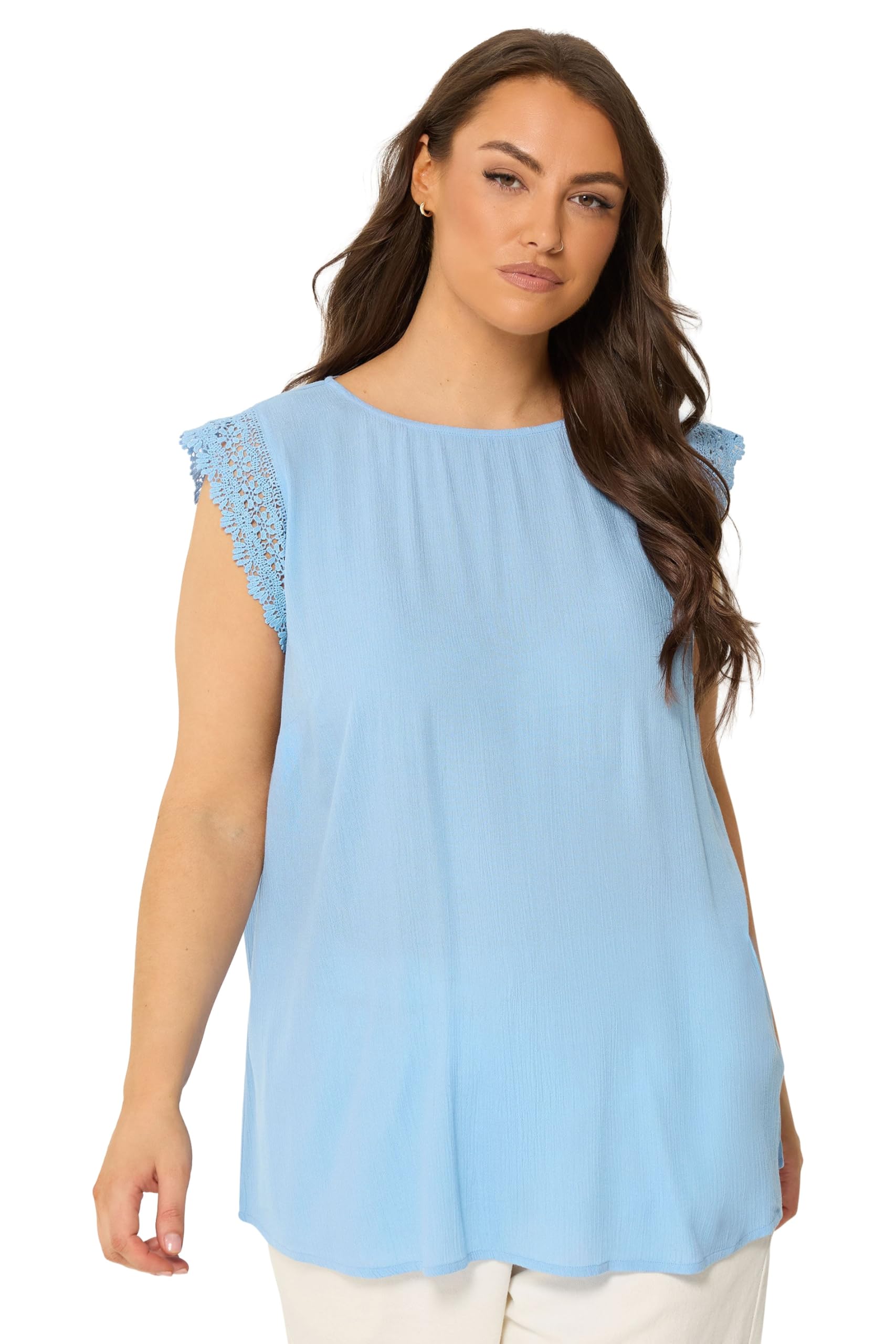 Yours Women's Light Blue Crochet Trim Crinkle Top In | Size: 20