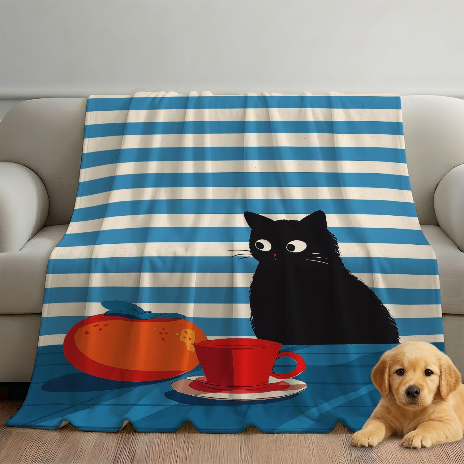 Générique Niebiesko-czarny flanelowy koc z minimalistycznym wzorem komiksowym, geometria kota, przytulny koc 180 cm x 200 cm, na łóżko, sofę, wystrój pokoju dziecięcego