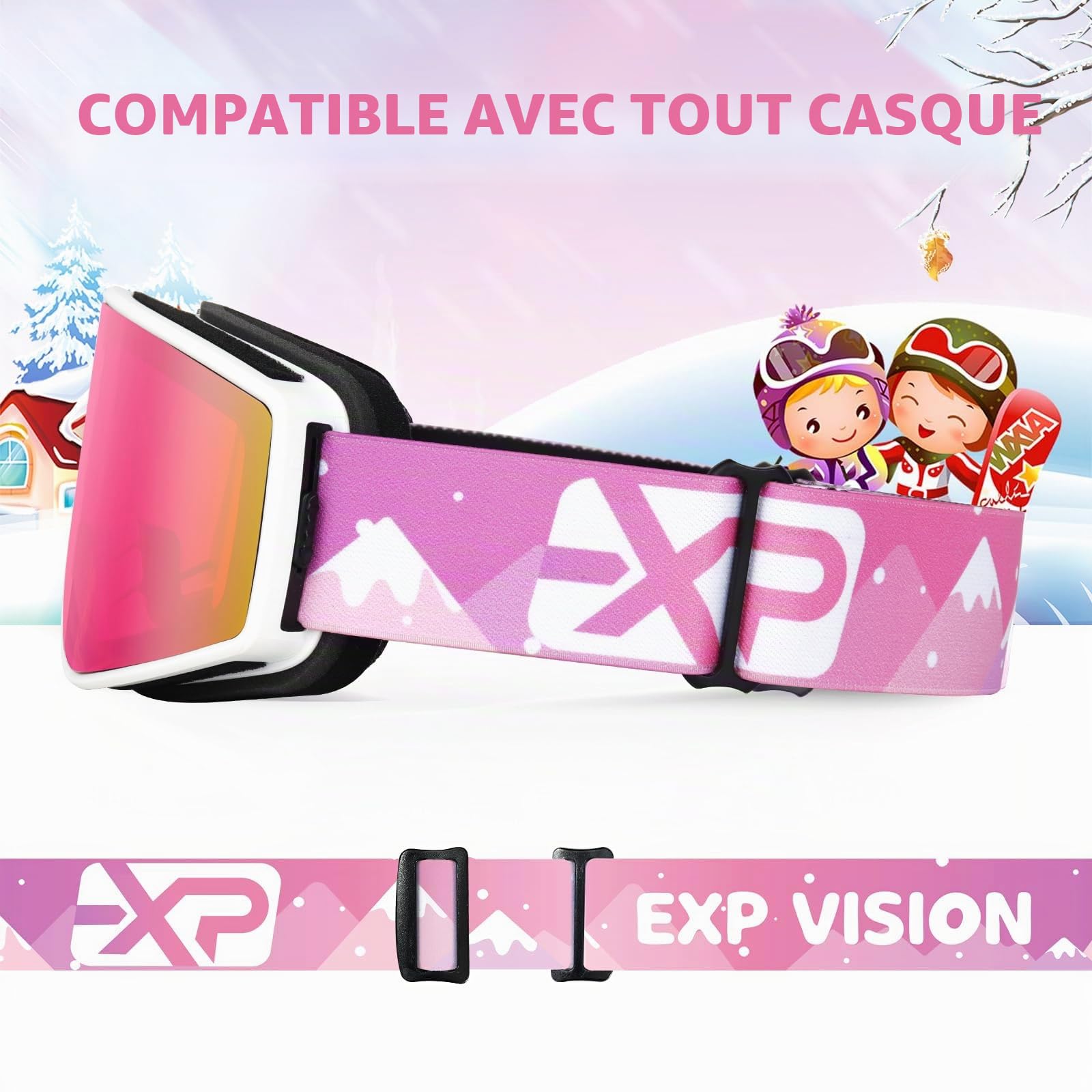 EXP VISION Ensemble de lunettes de ski parent-enfant, lunettes de neige anti-buée, protection UV 100%, lunettes de snowboard OTG pour hommes, femmes, jeunes, enfants