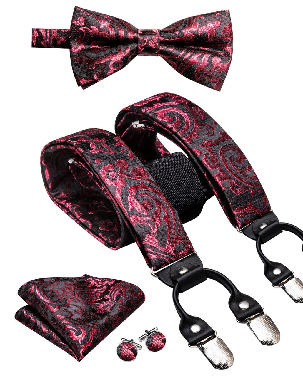 keusyoi Herren-Hosenträger-Set, Seide, Einstecktuch, Manschettenknöpfe, verstellbar, Schwarz