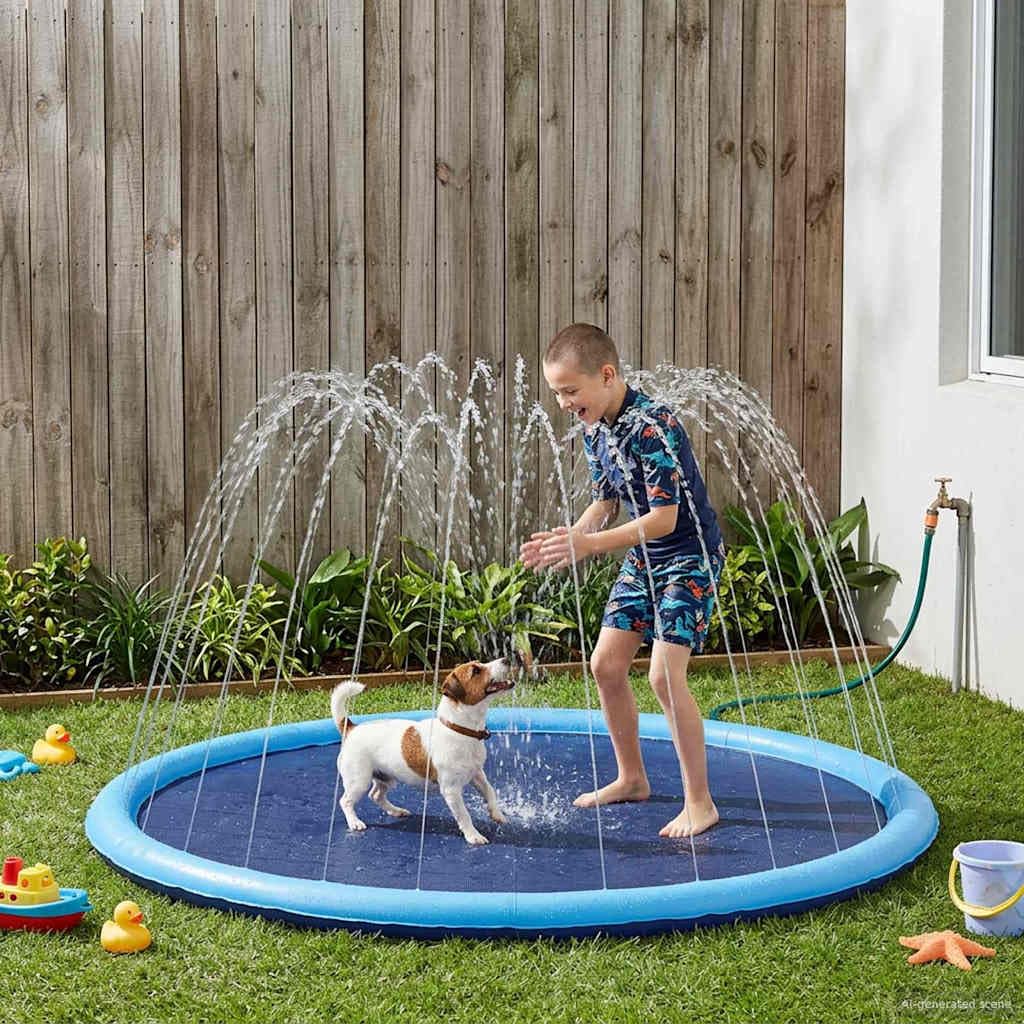 Planschbecken für Kinder und Hunde Blau Ø200 x 9 cm PVC Robustes Material mit Sprinklerfunktion, faltbar, ideal für Garten, draußen und Sommer zum Spielen und Abkühlen