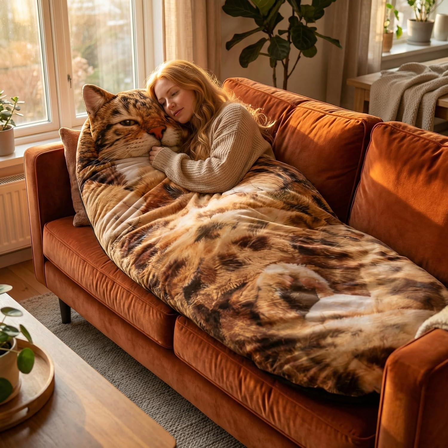 Cat Sleeping Bag for Humans, Fluffy Adult Animal Sleeping Bags, Giant Plush Envelope Design for Camping & Sleepovers, Soft Warm Fleece Lounging Blanket, Machine Washable