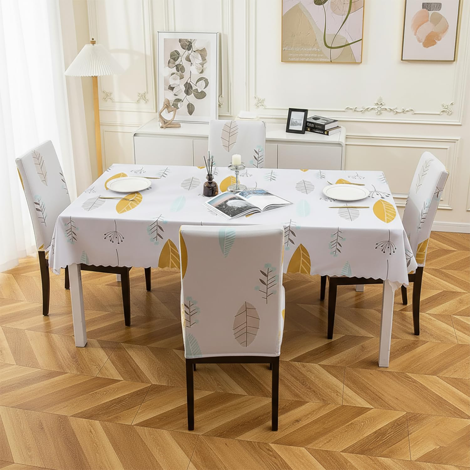 House of Quirk Dining Table Cover Waterproof for Kitchen Dining, Polyester Table Cloth Dust and Oil Repellent, Kitchen Décor (140x180cm, Yellow Autumn, 1 Table Cover + 4 Chair Cover), rectangular