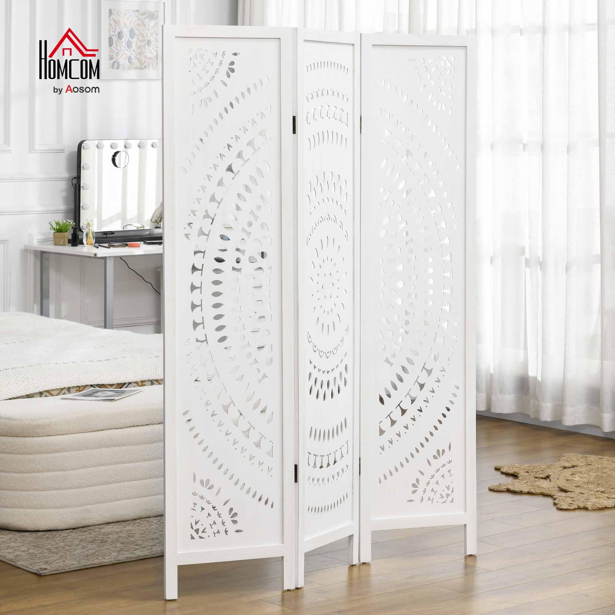 HOMCOM Biombo Plegable de 3 Paneles de Madera, 120x170 cm, Blanco | Biombo Separador de Ambientes, Patrones Tallados Elegantes, Decoración para Dormitorio, Salón