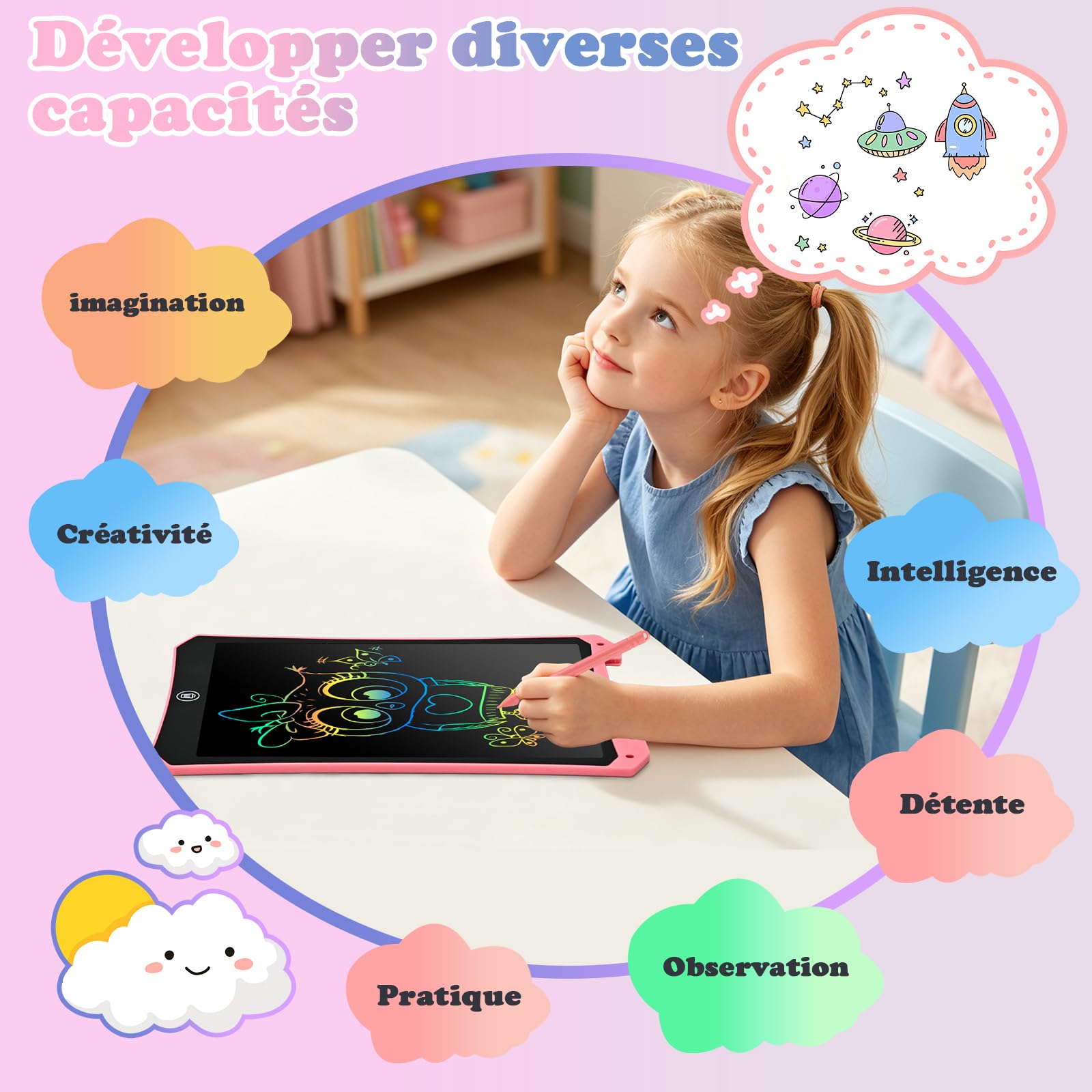 BlueSwan Tablette Dessin Enfant 10 Pouces, Jouet Enfant 2 3 4 5 6+ ans | Ardoise Magique avec Fonction de Verrouillage, Cadeaux pour Garçons Filles, Jouet Activités de Voyage pour Tout-petits, Rose