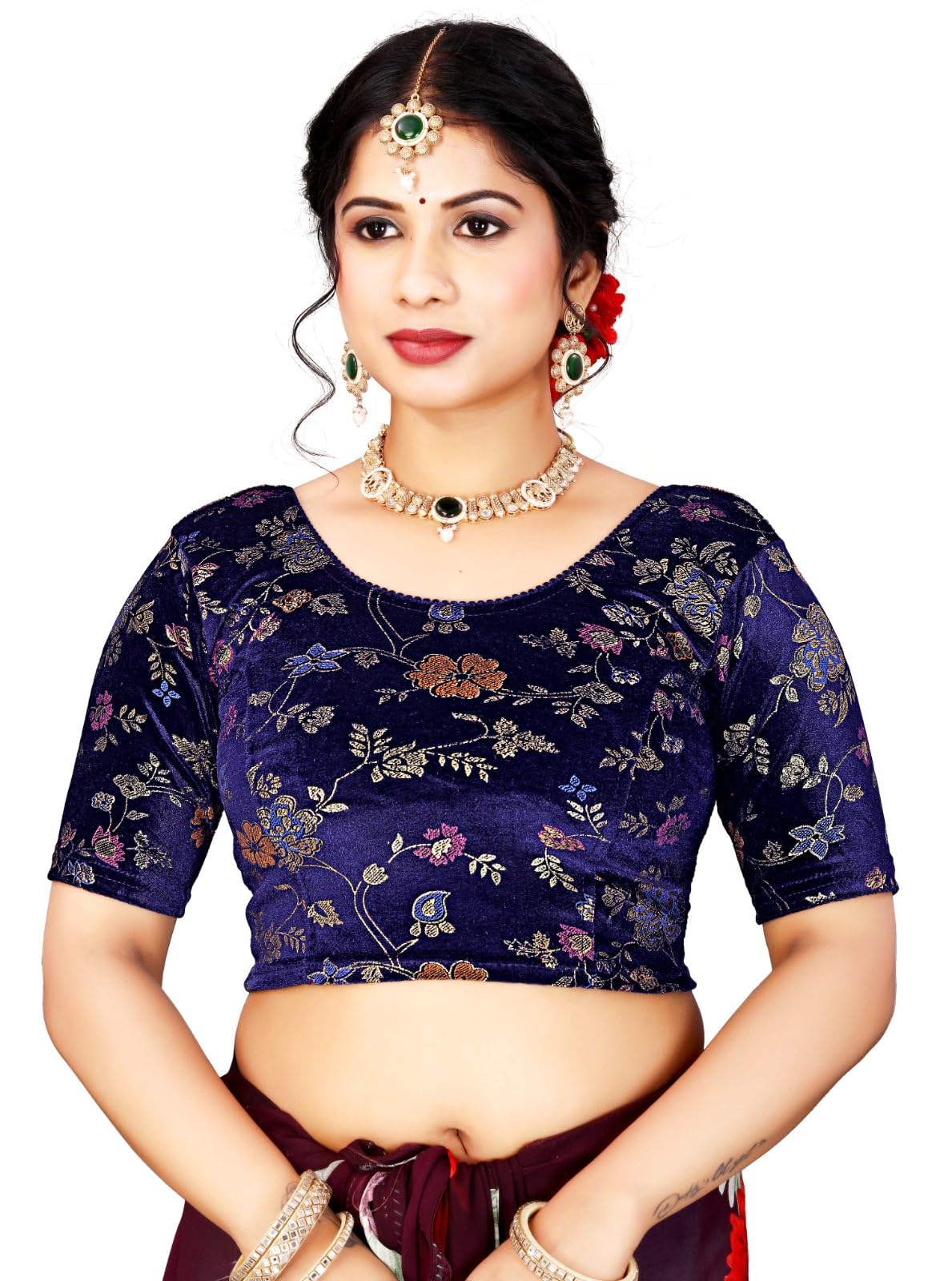 atibha fashion Traditional Stretchable Velvet Saree Blouse with Floral Print, Half Sleeve-picture-41