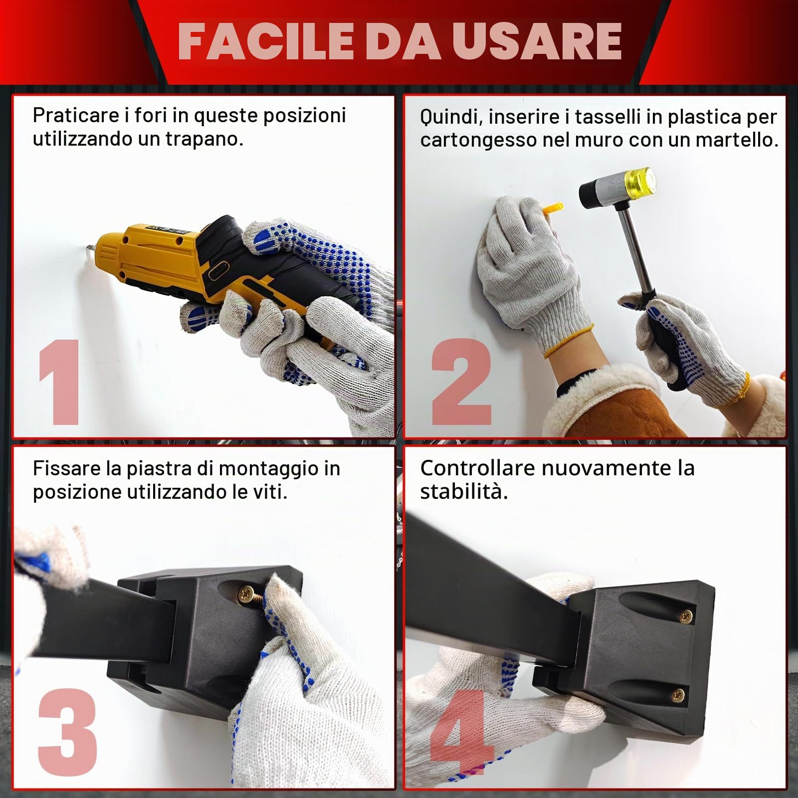 DASBET Supporto per Riparazione Bici da Parete - Pieghevole per Garage o Casa - Montaggio a Parete per Manutenzione Biciclette