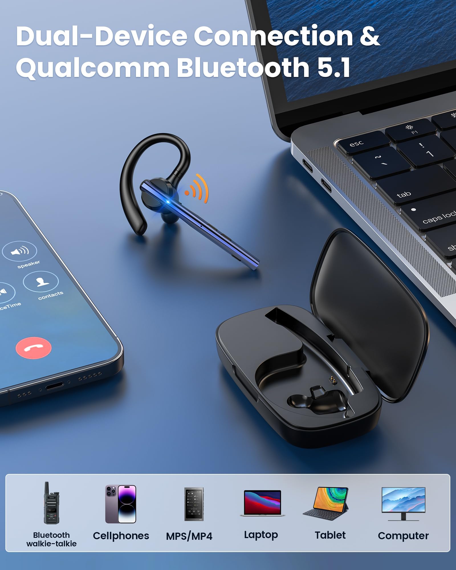 New bee Bluetooth headset, V5.1 draadloze handsfree headset met 72 uur speeltijd en CVC 8.0 Dual ENC ruisonderdrukkingsmicrofoon, bluetooth- oordopjes met oplaadcase voor iPhone/Android/laptop