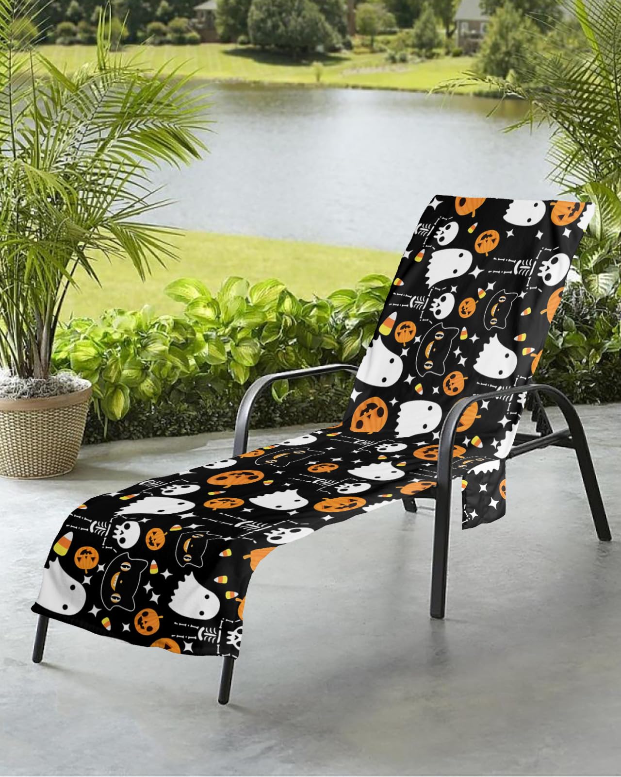 Black Halloween Beach Chair Towel Covers for Chaise Lounge with Side Pocket, Soft Plush Pool Towels Cover for Patio Sunbathing Outdoor 29''x85'' Spooky Pumpkin Ghost Skull Cat Horror