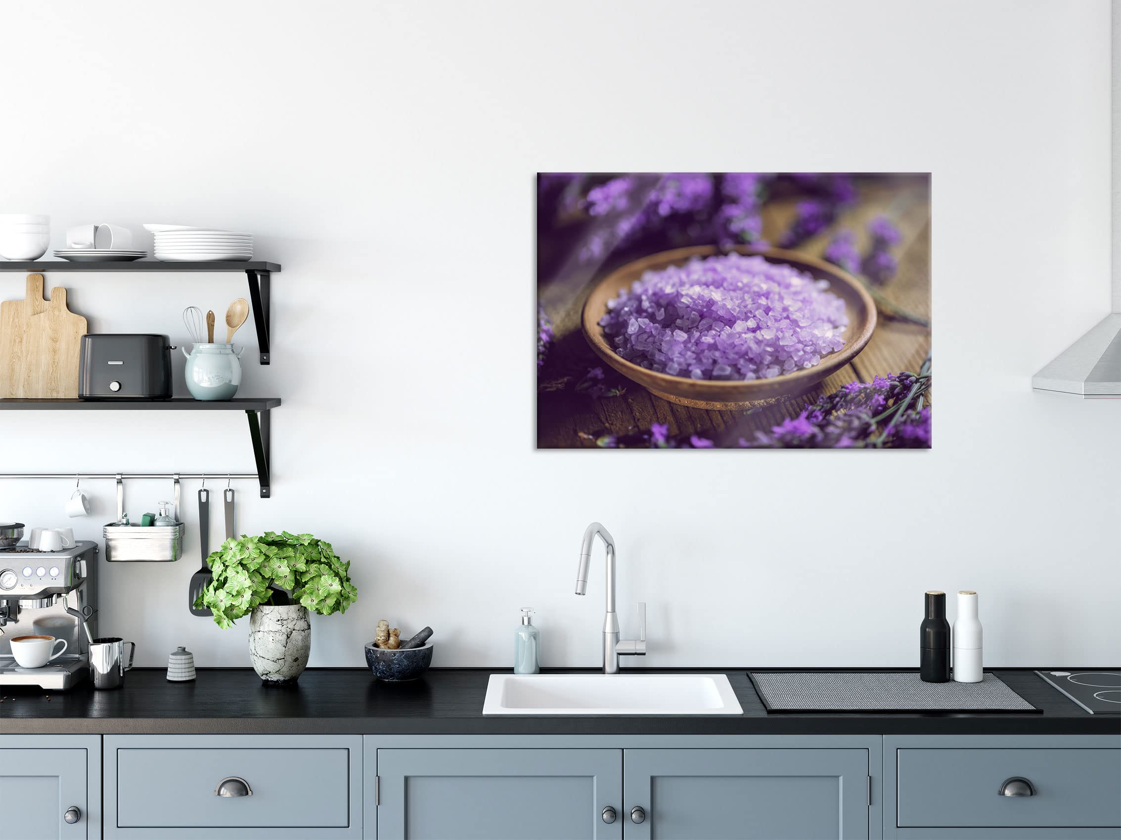 Pixxprint Glasbild, Wandbild aus Echtglas, Badesalz auf Holzuntergrund, 80x60 cm, inkl. Aufhängung und Abstandshalter