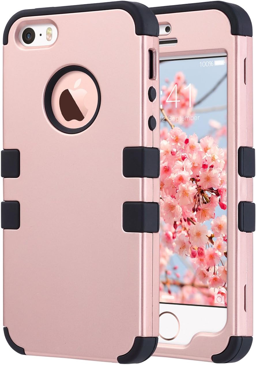 ULAK iPhone SE Case,iPhone 5S Case, Anti Slip Shock Resistance Protective Cover with Hybrid High Soft Silicone + Hard PC Case for Apple iPhone 5/5S/SE,Rose Gold+Black