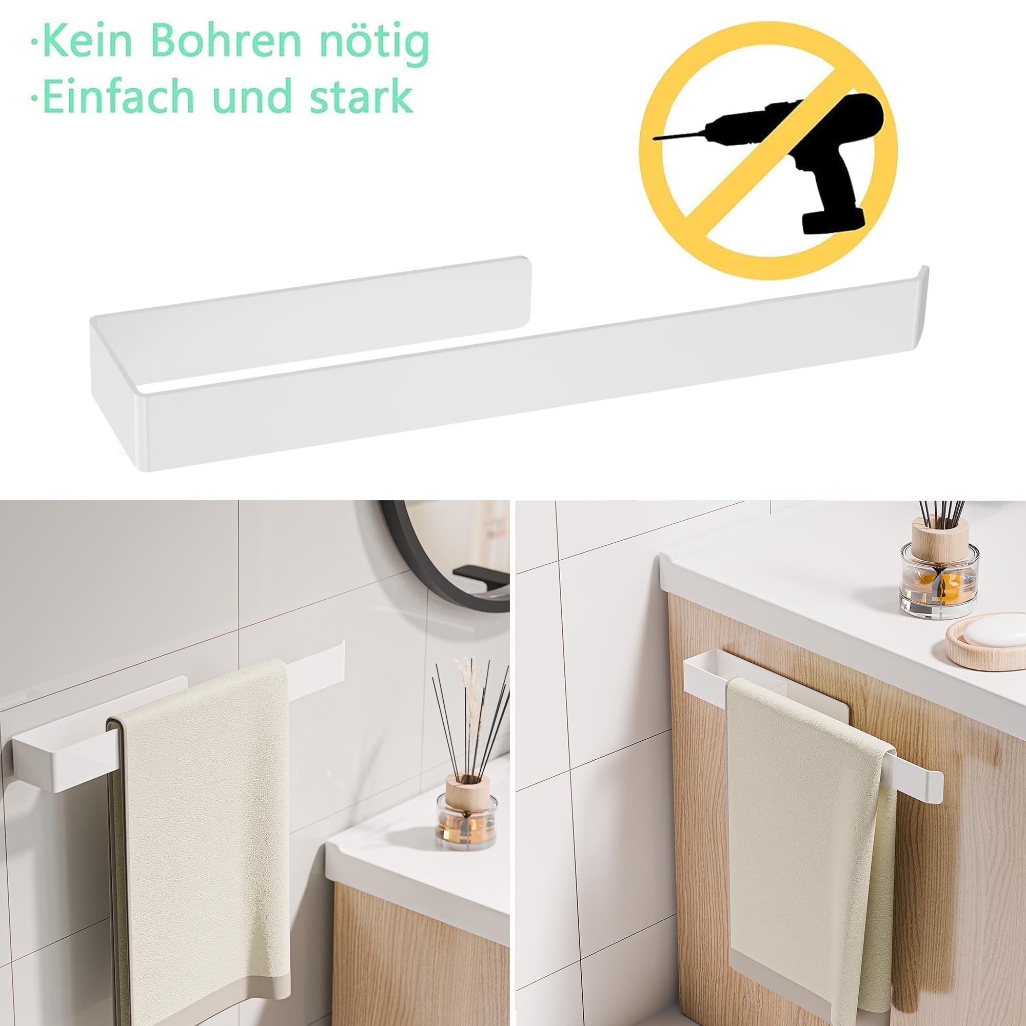 Aikzik Portasciugamani senza foratura, in alluminio, completamente in metallo, da incollare, per bagno e cucina, bianco (32 cm)
