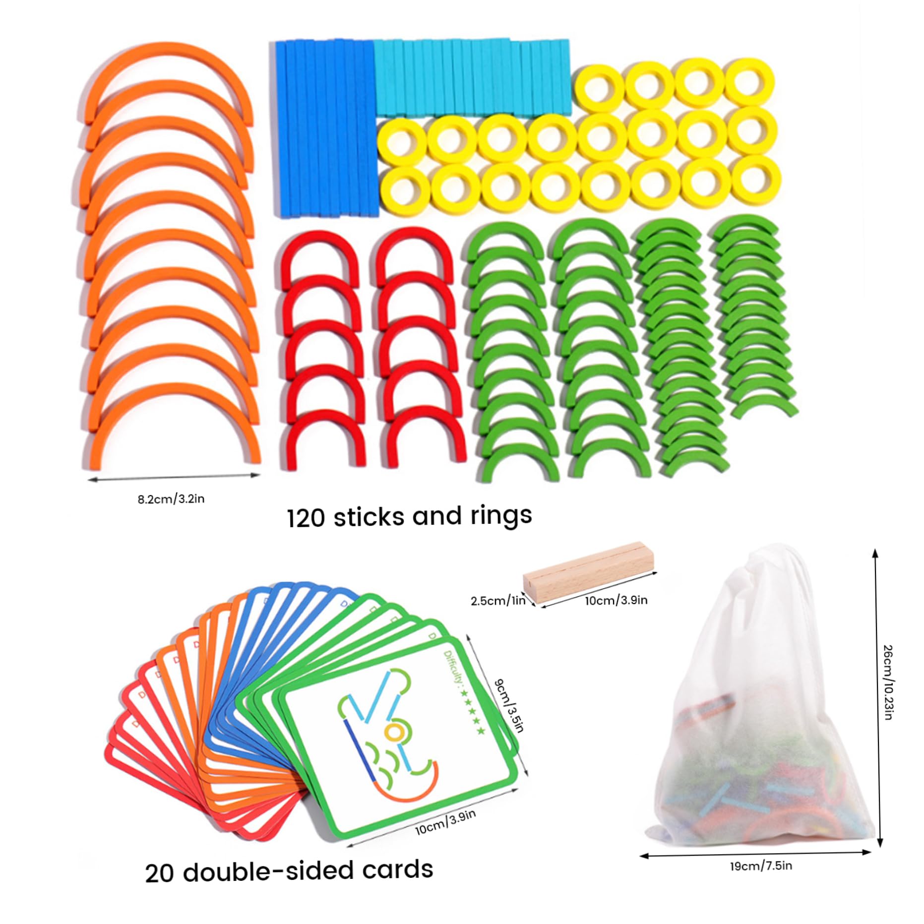 Montessori Smart Sticks Progressive Wooden Montessori Brain Blocks Colorful Fine Motor Skills & Shape Recognition Sticks and Rings Puzzle Game for Boys Girls 3+ Toys_and_Games. — view 2