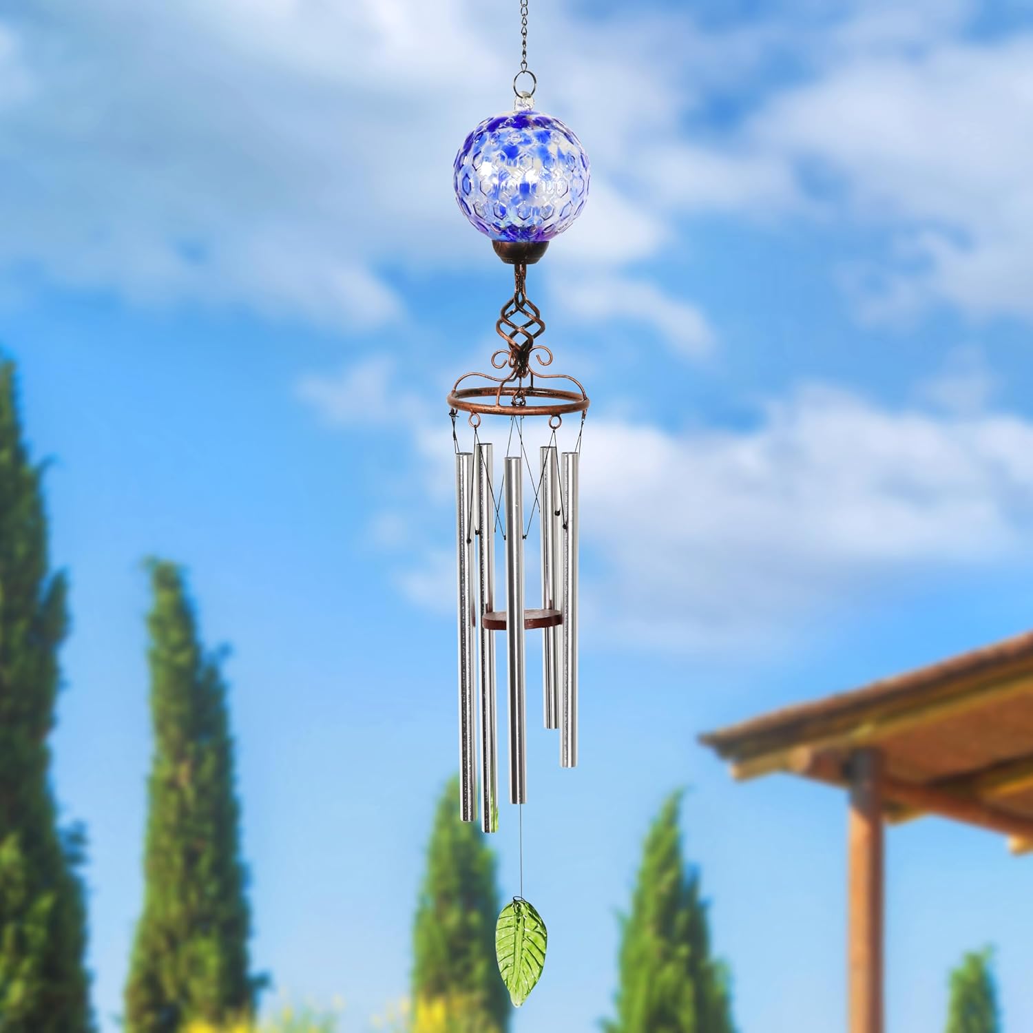 Exhart Wind Chimes, Solar LED Outdoor Garden Lighting, Blue Glass and Metal Wind Chime Lawn and Yard Decoration with Bronze Metal Finial, 5 x 46.5 Inch