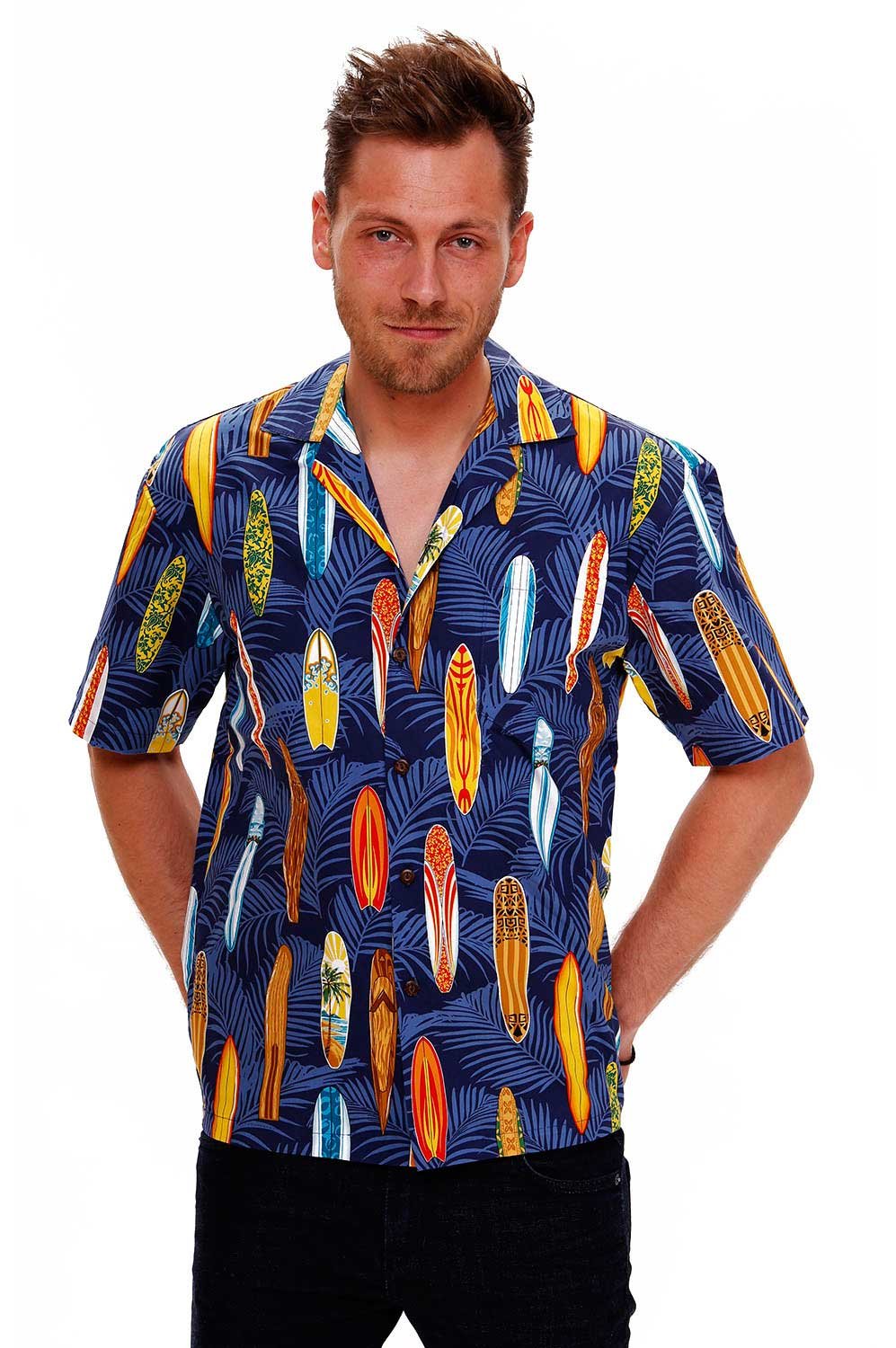 KY's Camicia Hawaiana Originale da Uomo, S - 8XL, a Maniche Corte, Tasca Frontale, Stampa Hawaiana, Tavole da Surf, Foglie di Palma Allover | Nero