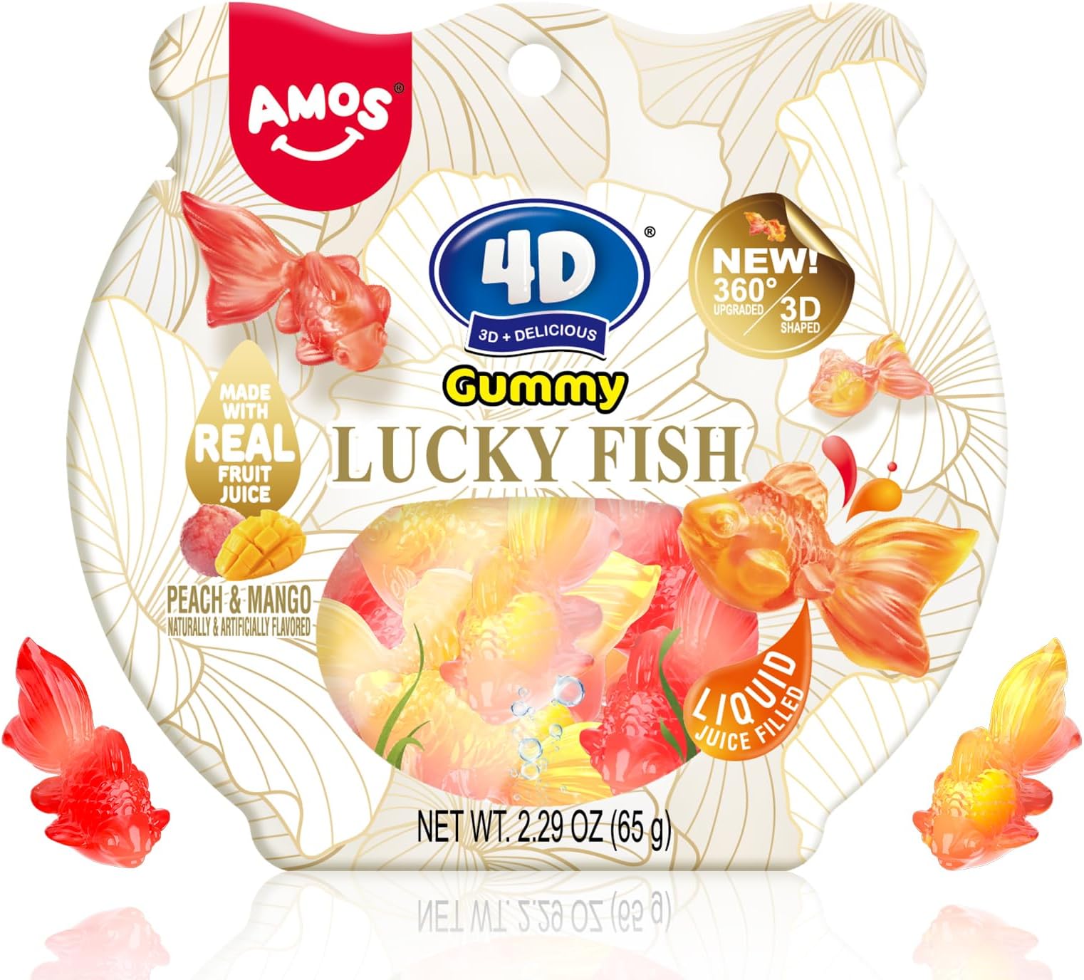 Amos 4D Gummy Lucky Fish Candy, 3D Goldfish-Shaped Gummies with Mango & Peach Juice, 65g per Bag, Gluten-Free Snack