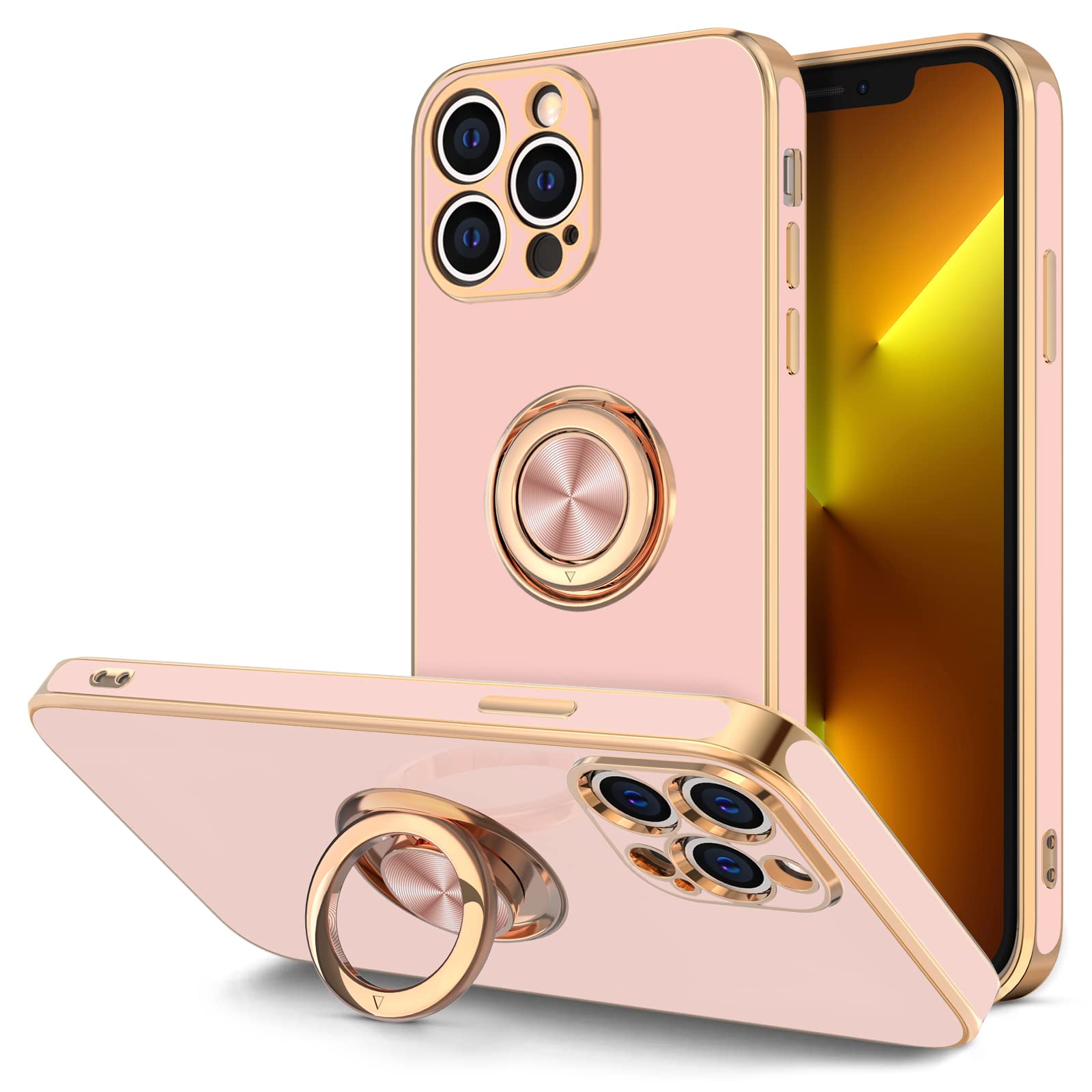 Hython for iPhone 13 Pro Max Case with Ring Stand [360°Rotatable Ring Holder Magnetic Kickstand] [Plated Rose Gold Edge] Slim Soft TPU Cover Luxury
