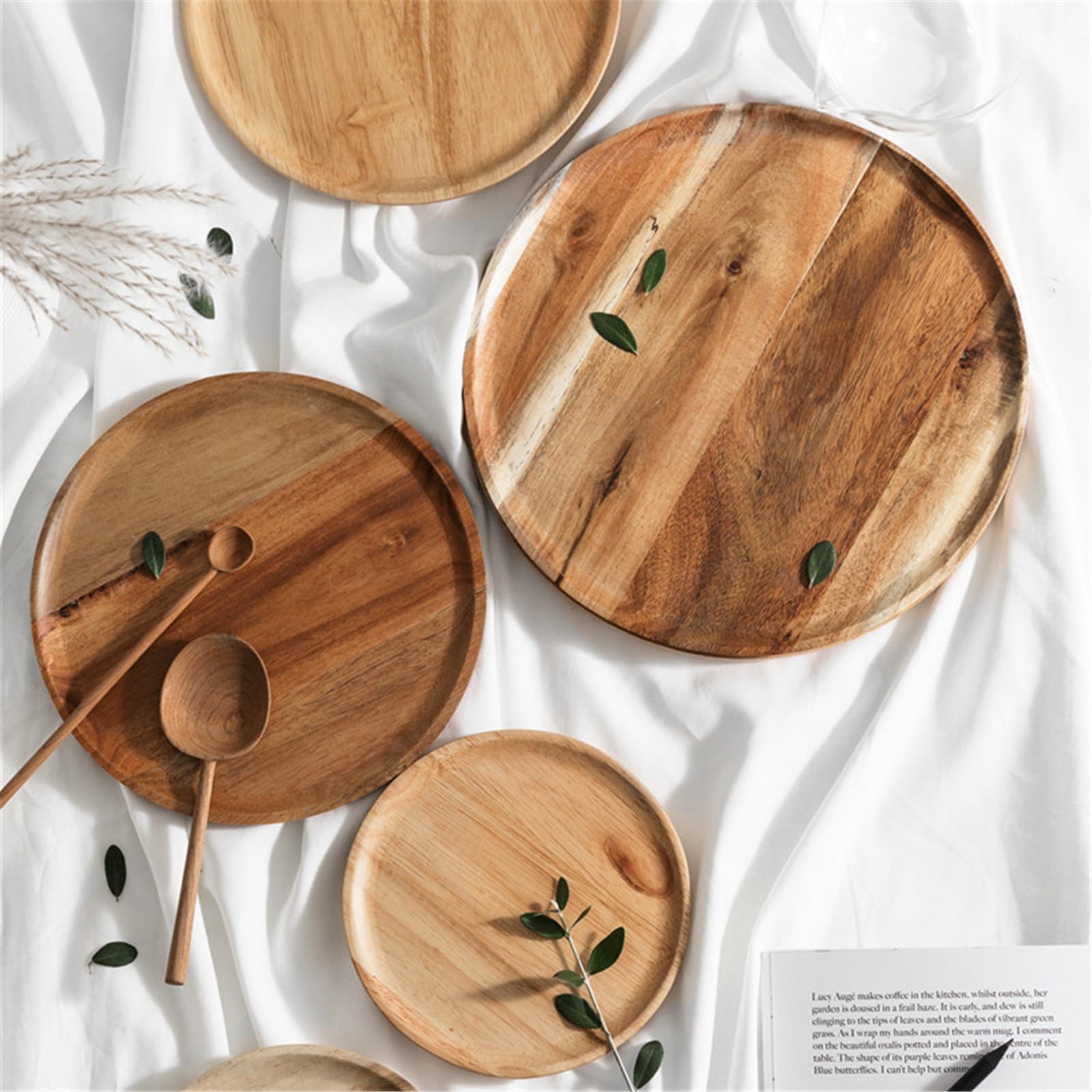 Bandejas de Madera Plato de Cena Bandeja té Redondo Simple for el hogar paletas Madera para Exhibir café Refrigerio(20.4x1.5cm)