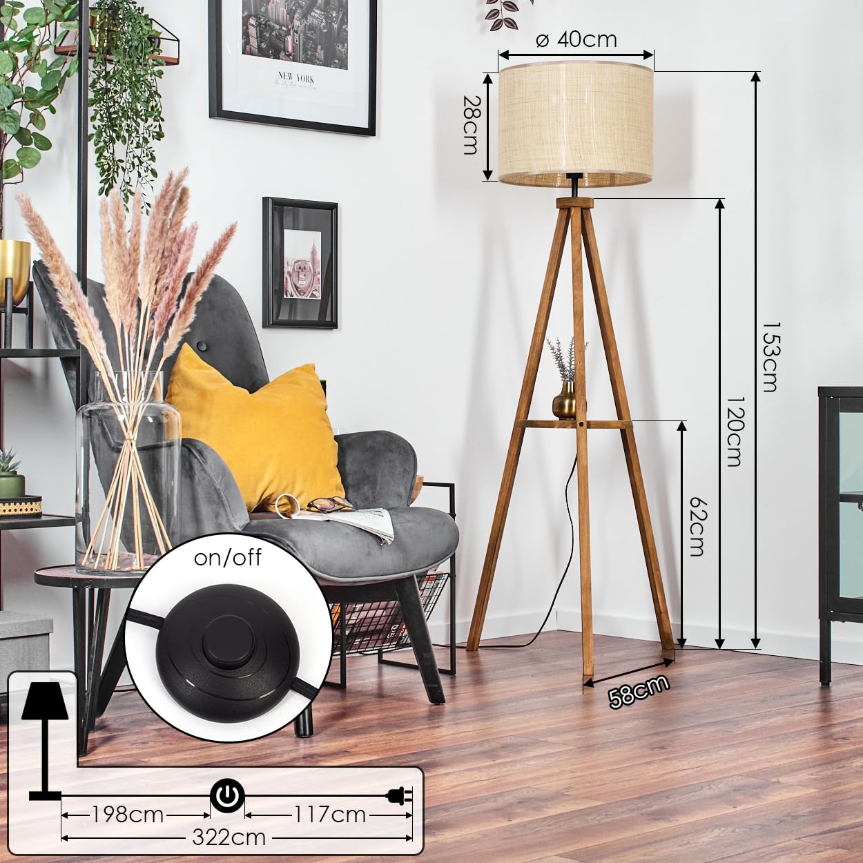 Lampadaire Bois Et Papier Tressé Sabadim - Hauteur 153 Cm, Abat-jour Beige, Style Bohème Scandinave - Interrupteur Au Pied
