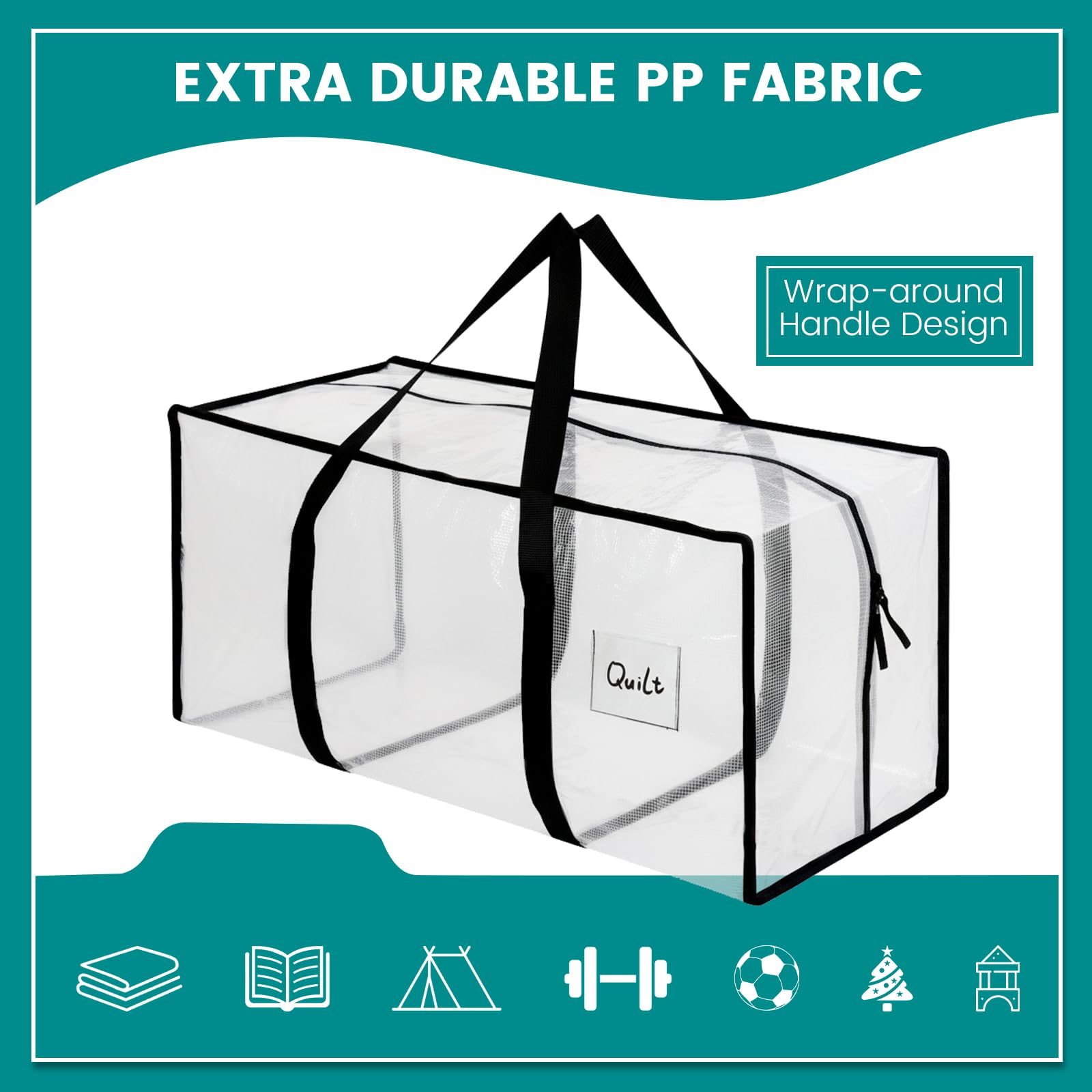 Dntorx 4 sacchetti da 90 l, resistenti al trasloco trasparenti, grandi con chiusura lampo, pieghevole, per trasloco, campeggio, biancheria da letto, vestiti, 4 pezzi
