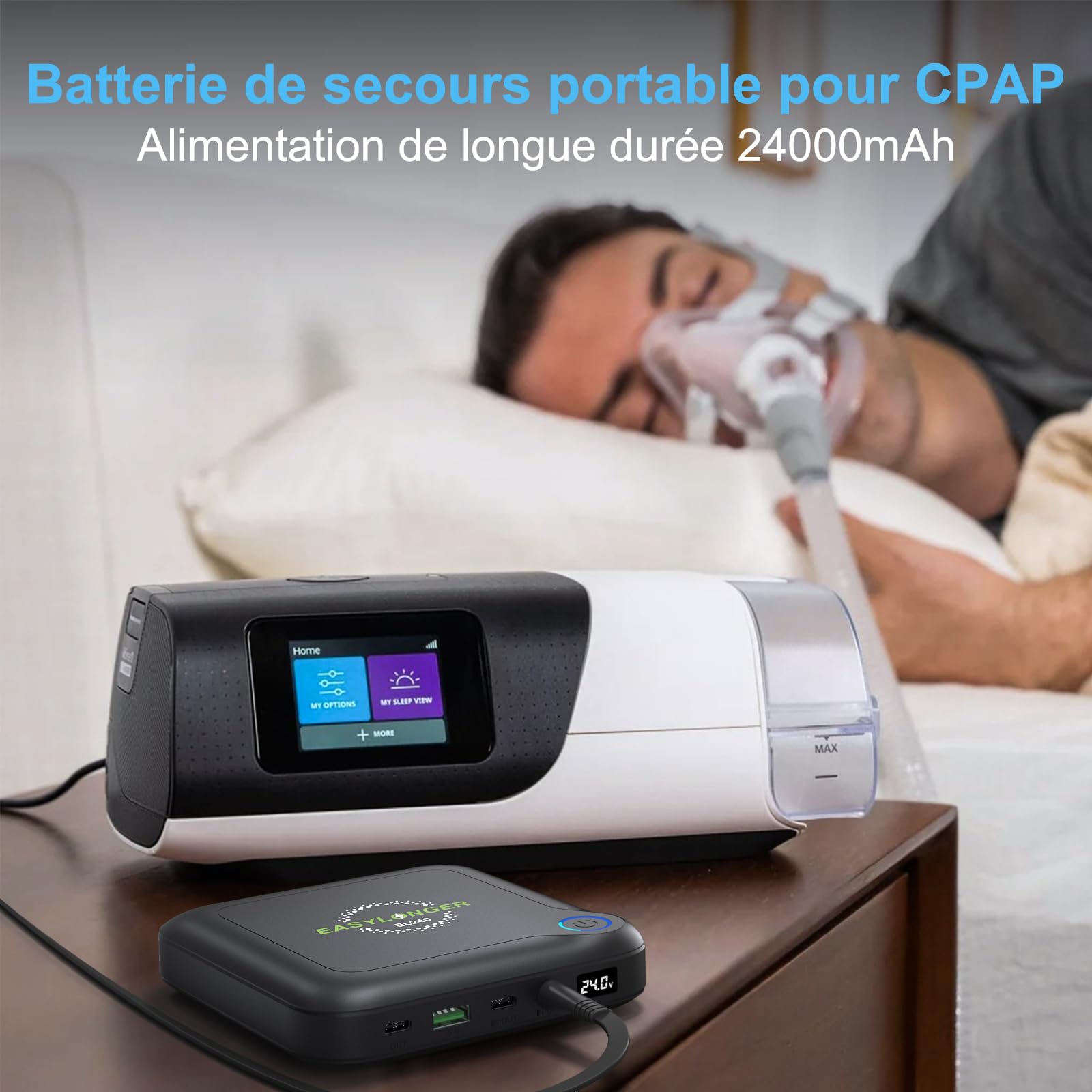 EASYLONGER EL240 88.8Wh Batterie CPAP, CPAP Power Bank avec 4 Câbles pour ResMed AirMini, AirSense 11, AirSense 10, S9, Philips Dreamstation,24000mAh Voyage Batterie CPAP