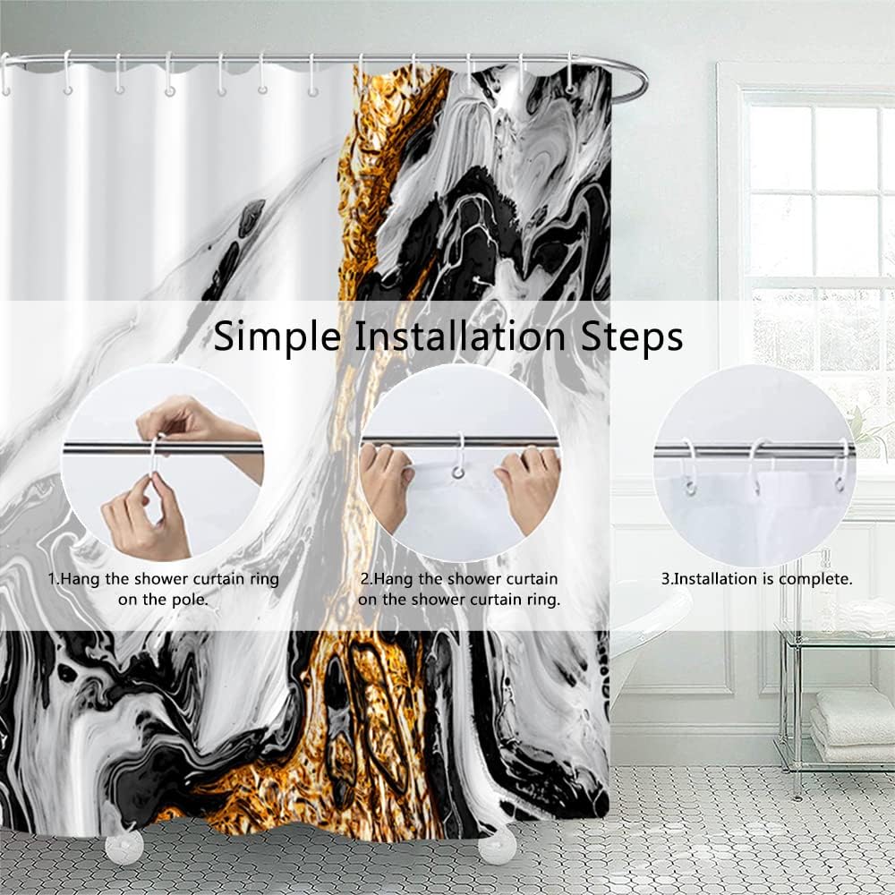 White Black Abstract Marble Stone Fabric Shower Curtain Ink Painting Gold Sand Waterproof Cloth Shower Curtains for Bathroom Modern Watercolor Decoration with Hooks 72x72 inches