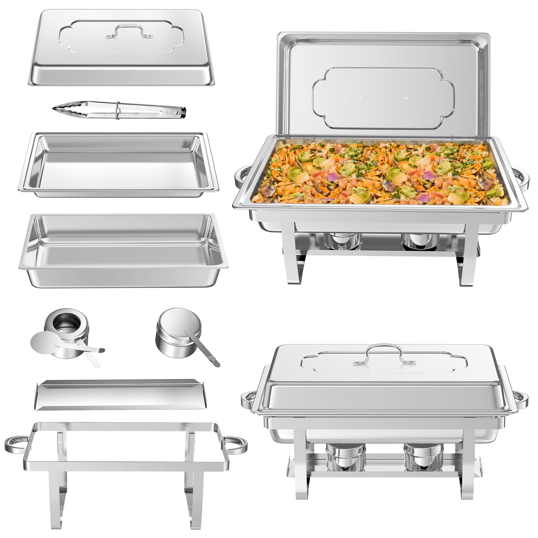 NArra 2 Pezzi Set Buffet Scaldavivande, 9L Acciaio Inox Rettangolari Catering Server con Teglia per Alimenti, Dimensioni Complete Telaio Pieghevole Scaldavivande per Feste,Cene,Catering,Matrimoni