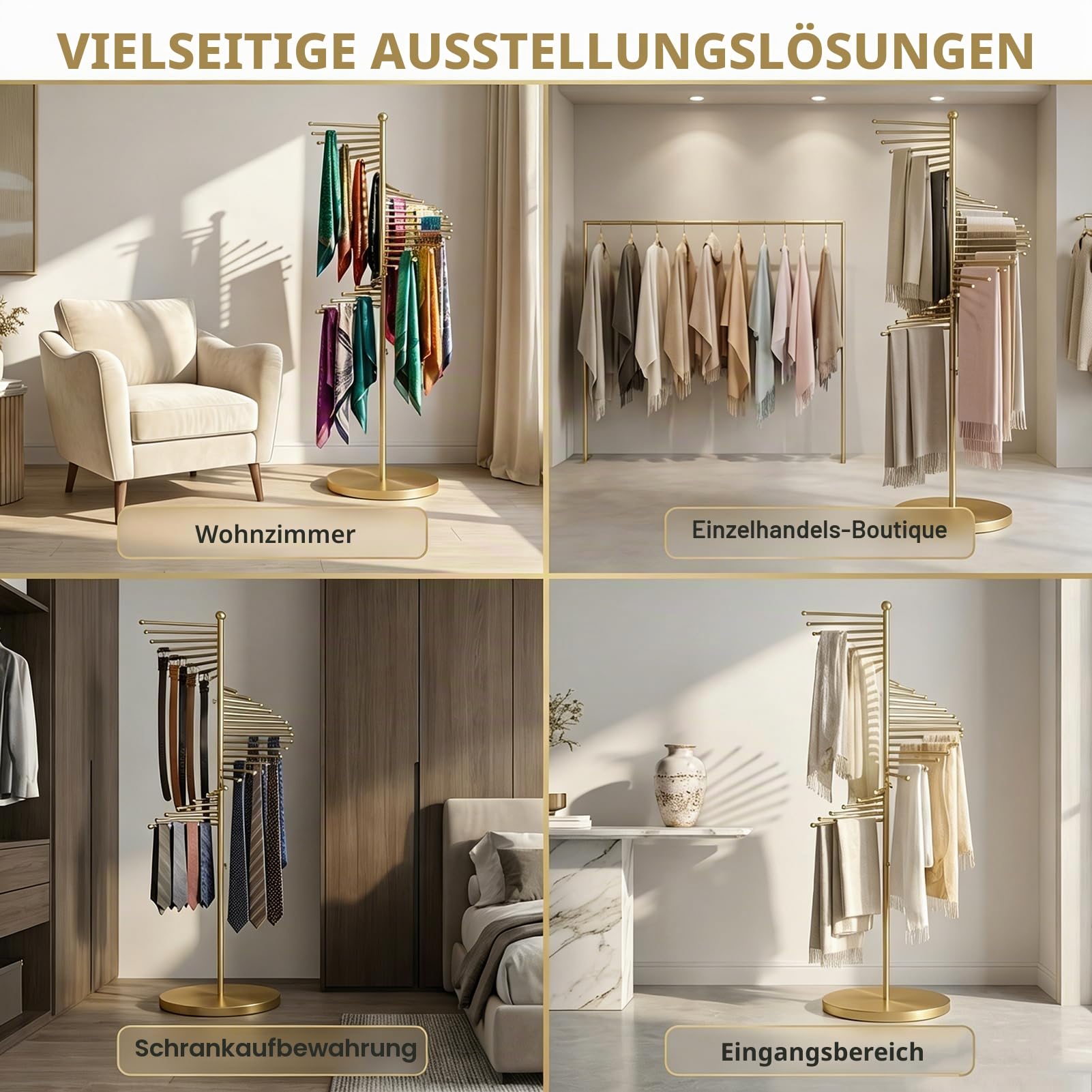 Schalhalter für Schals Krawatten, Schalaufhänger Freistehend, Metall Hängeorganizer, Hängeaufbewahrung für Schals Krawatten Gürtel, 2 Farben (Gold, 42cmx170cm/17 x67)